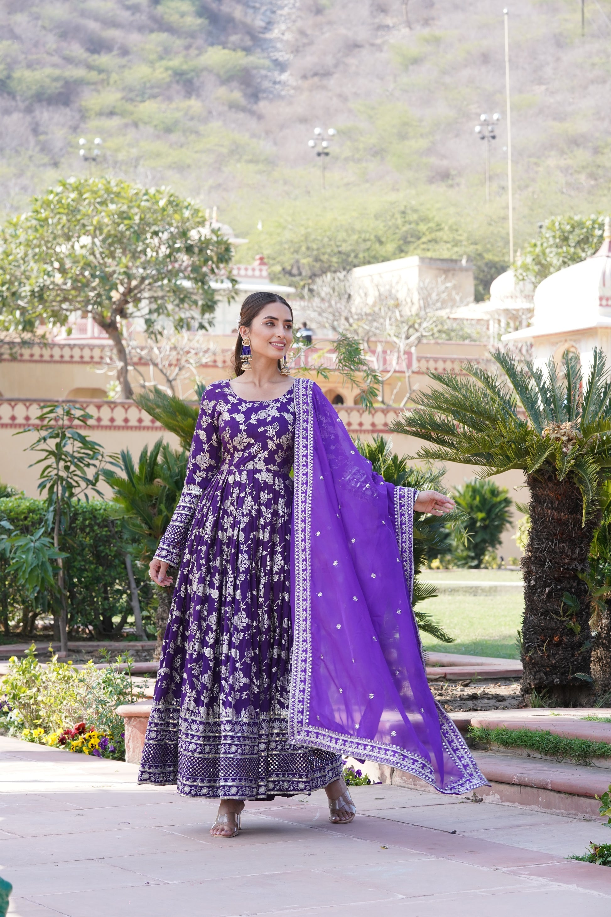 Rajasri purple viscose anarkali gown set
