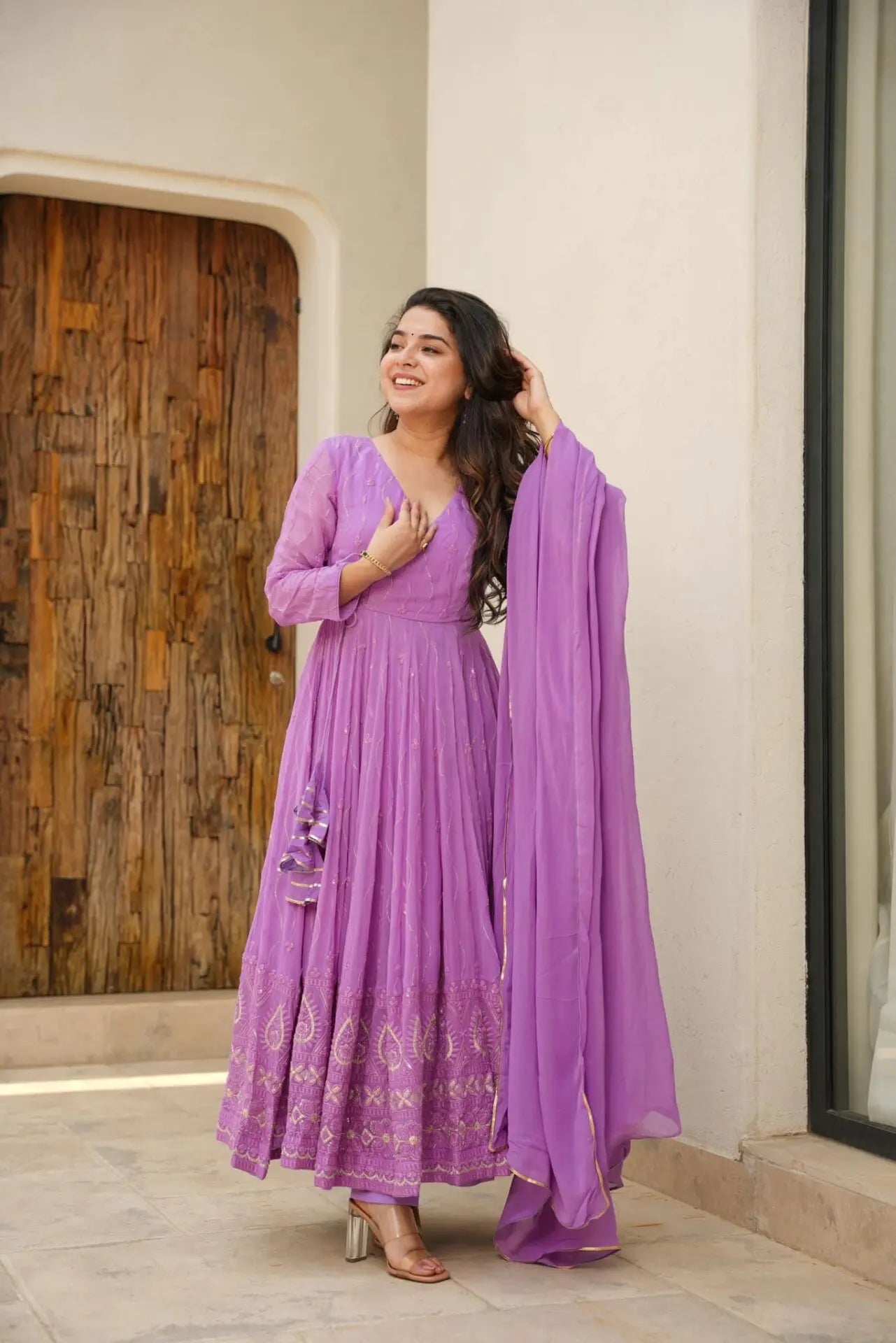 Purple georgette embroidered Rayna designer flared suit