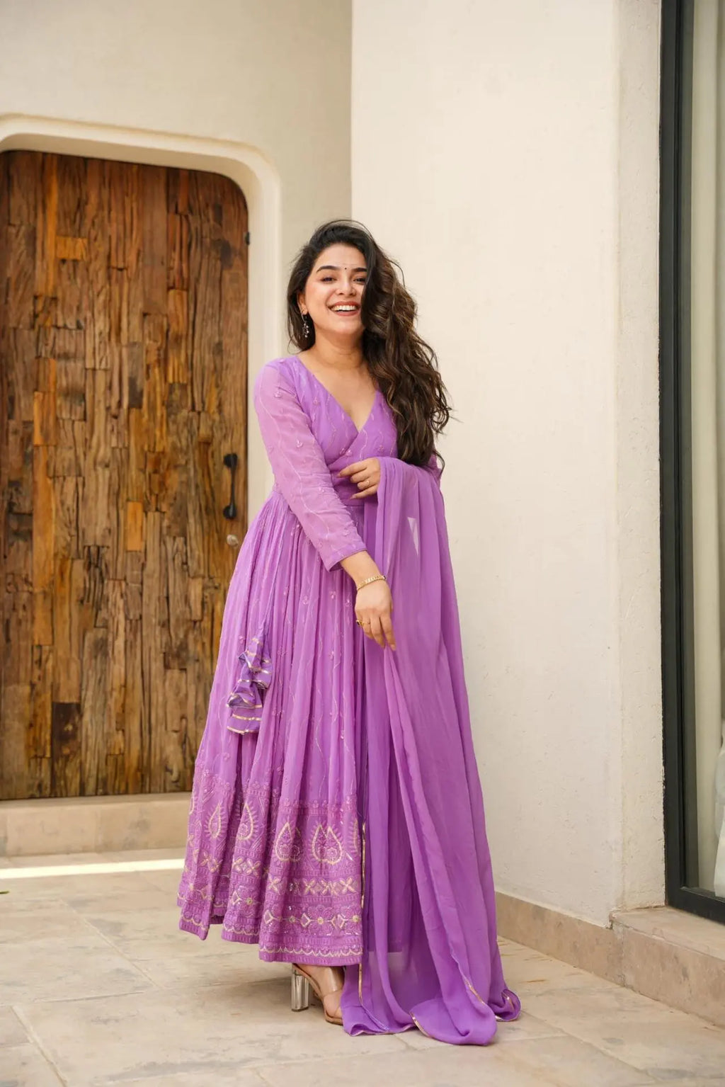 Purple georgette embroidered Rayna designer flared suit