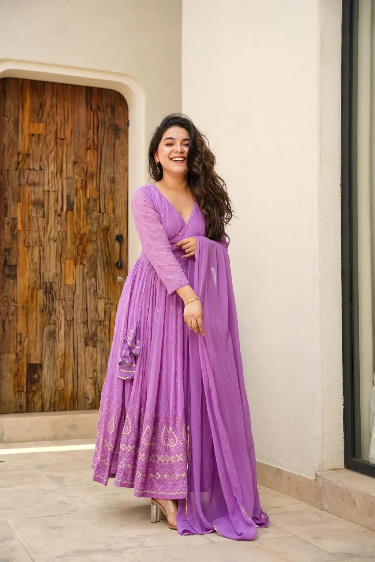 Purple georgette embroidered Rayna designer flared suit
