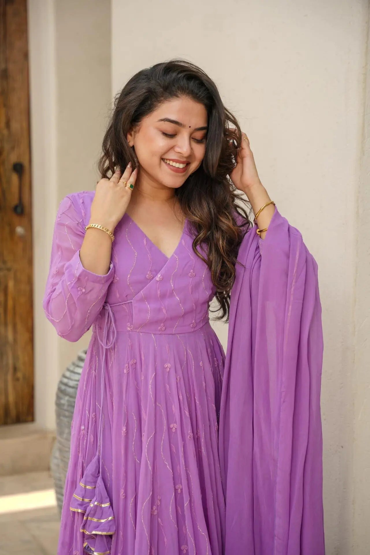 Purple georgette embroidered Rayna designer flared suit