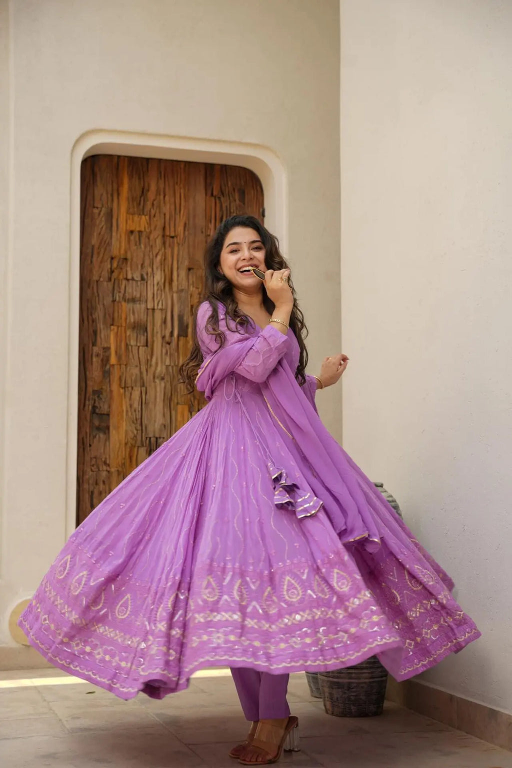 Purple georgette embroidered Rayna designer flared suit