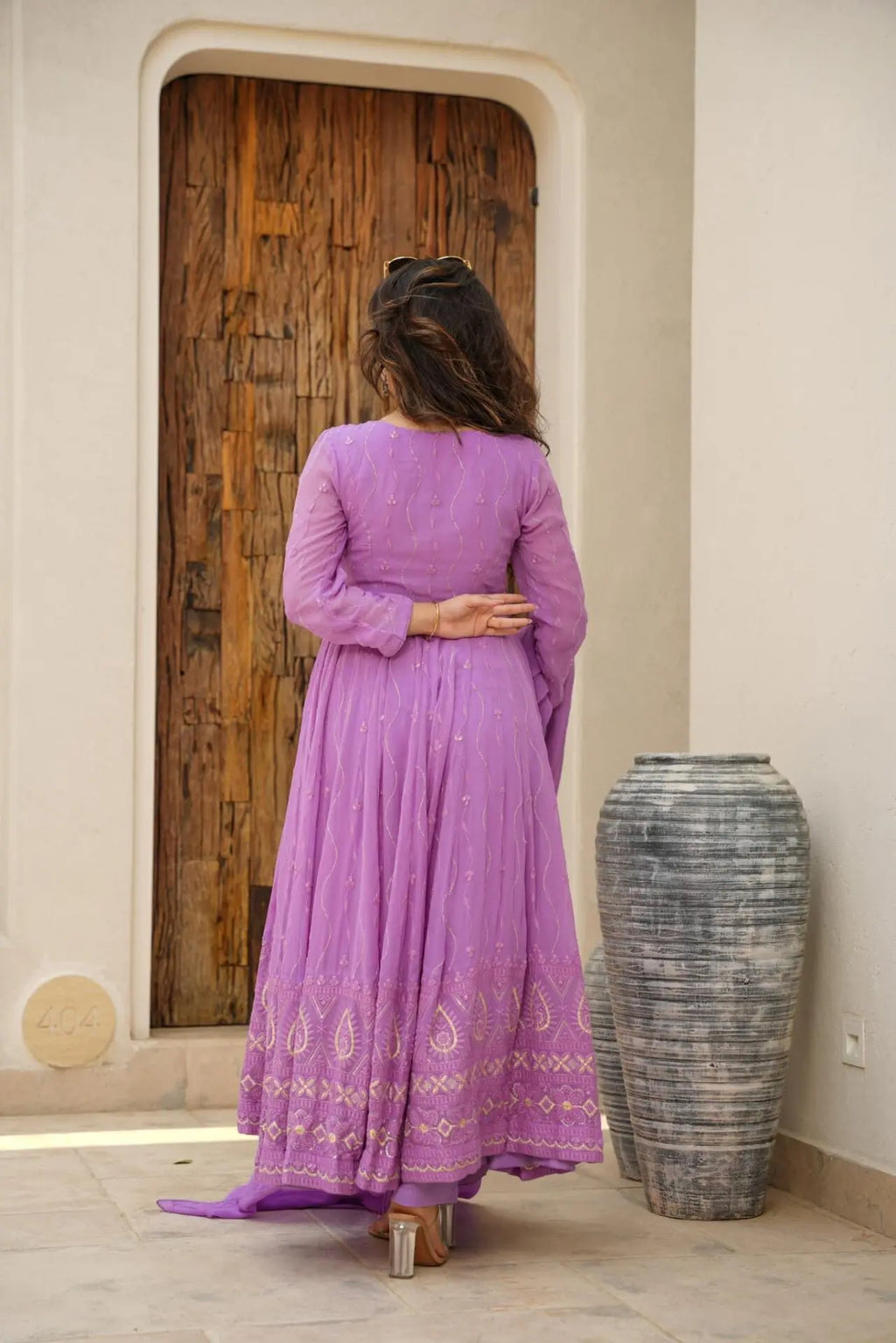 Purple georgette embroidered Rayna designer flared suit