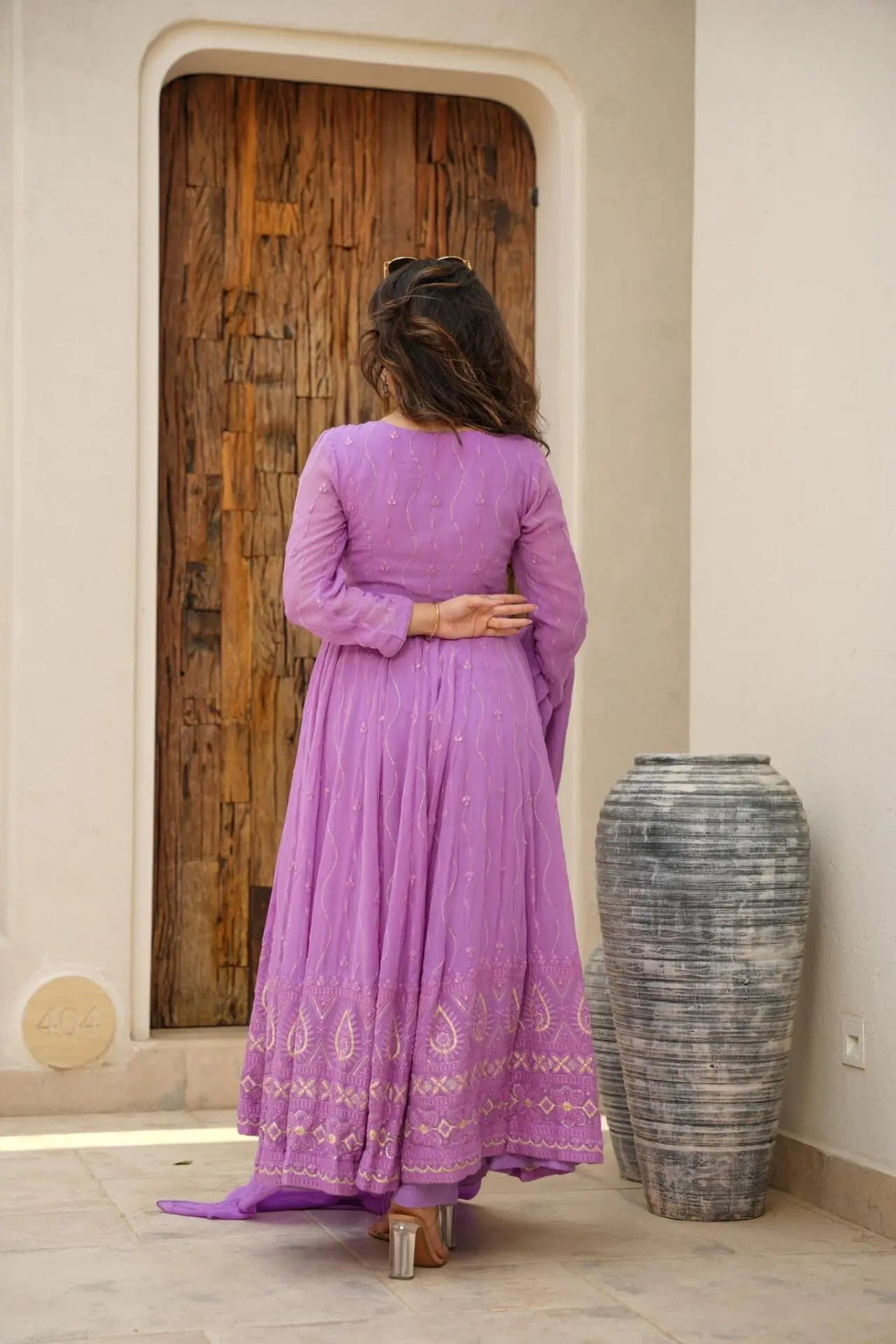 Purple georgette embroidered Rayna designer flared suit