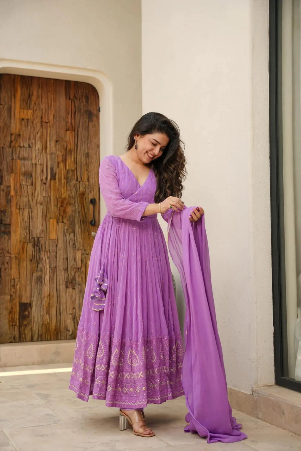 Purple georgette embroidered Rayna designer flared suit