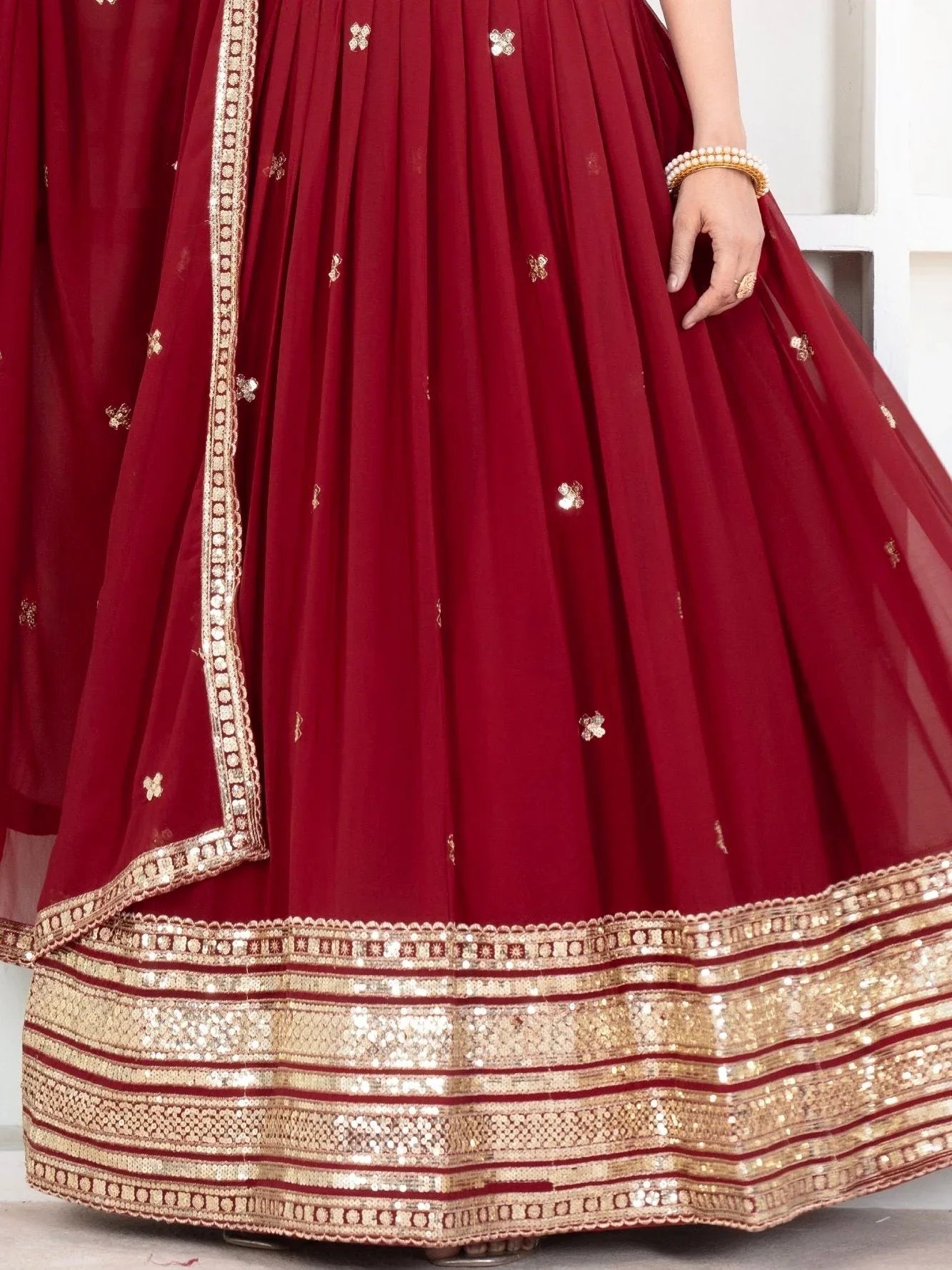 Red georgette embroidered sequins lehenga choli with dupatta
