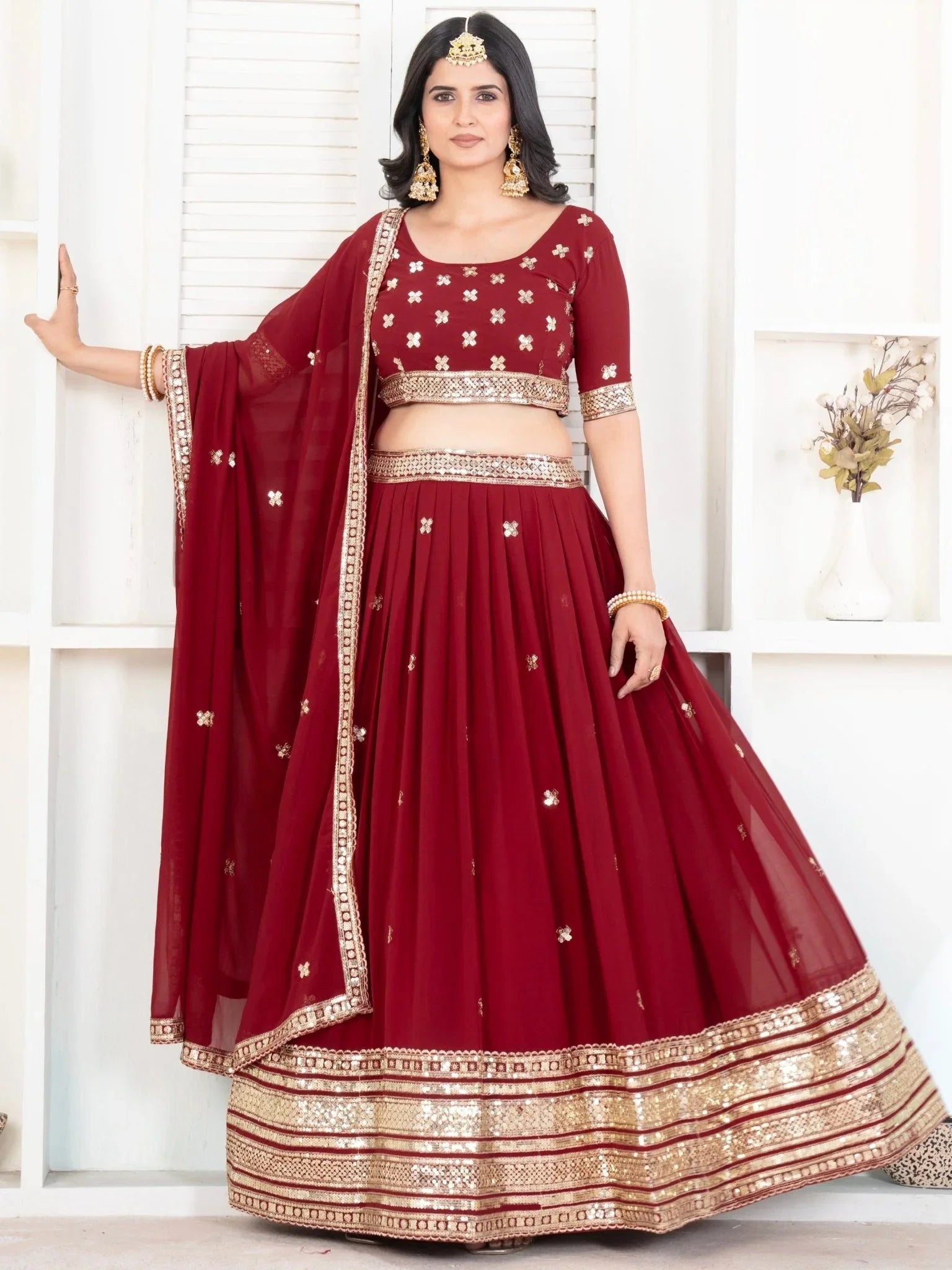 Red georgette embroidered sequins lehenga choli with dupatta