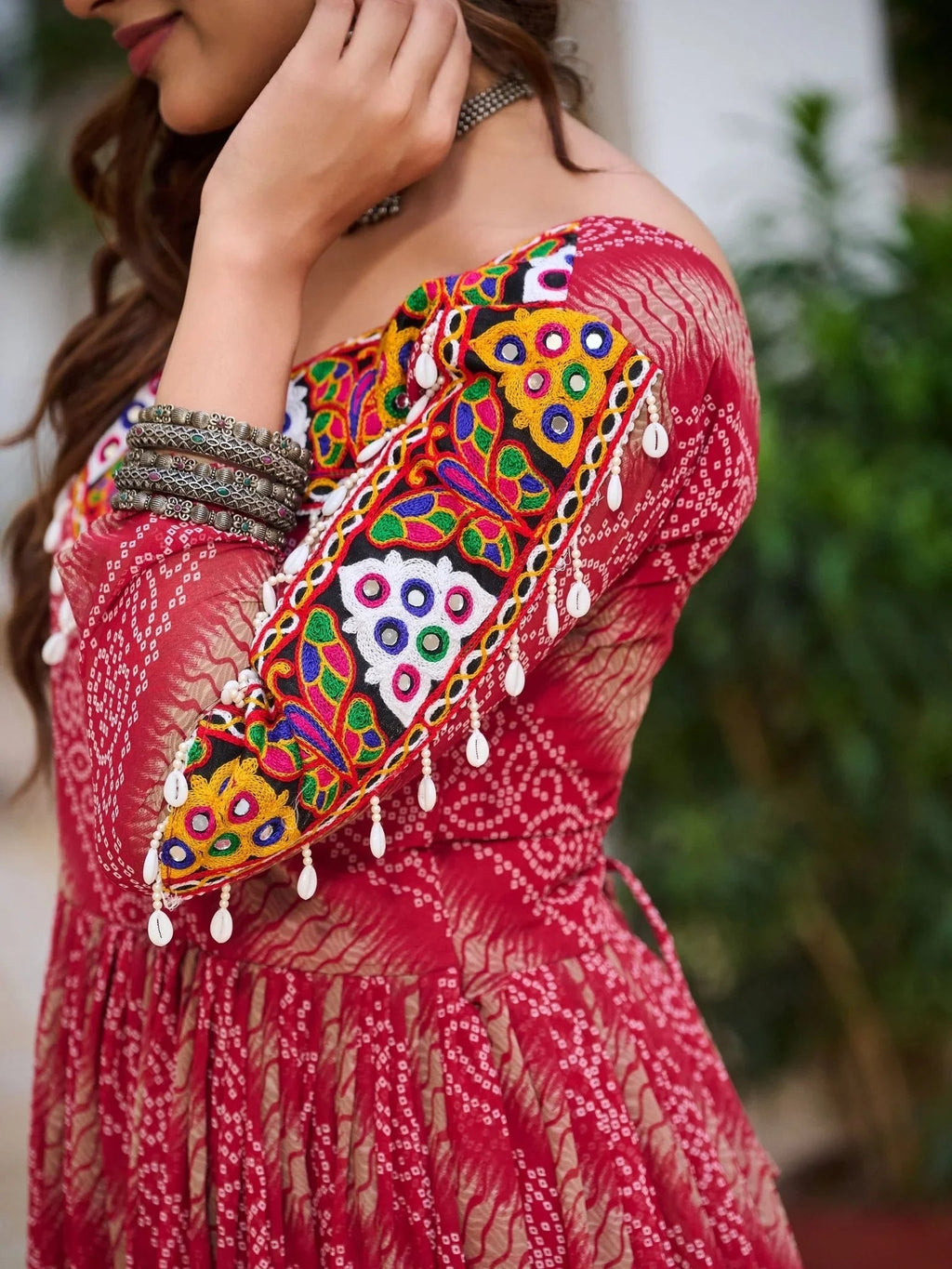 Red georgette Bandhani print mirror Gamthi work gown