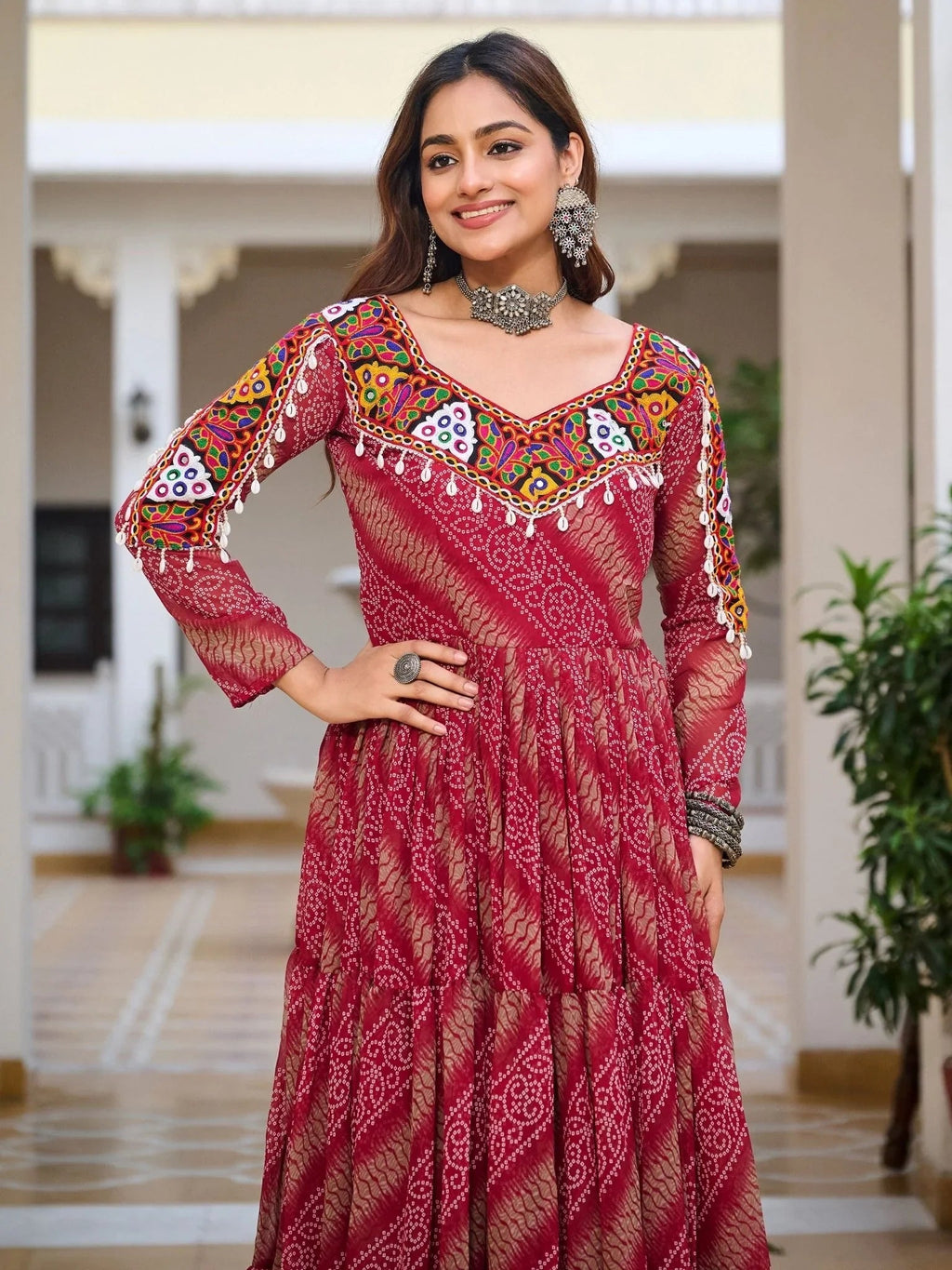 Red georgette Bandhani print mirror Gamthi work gown