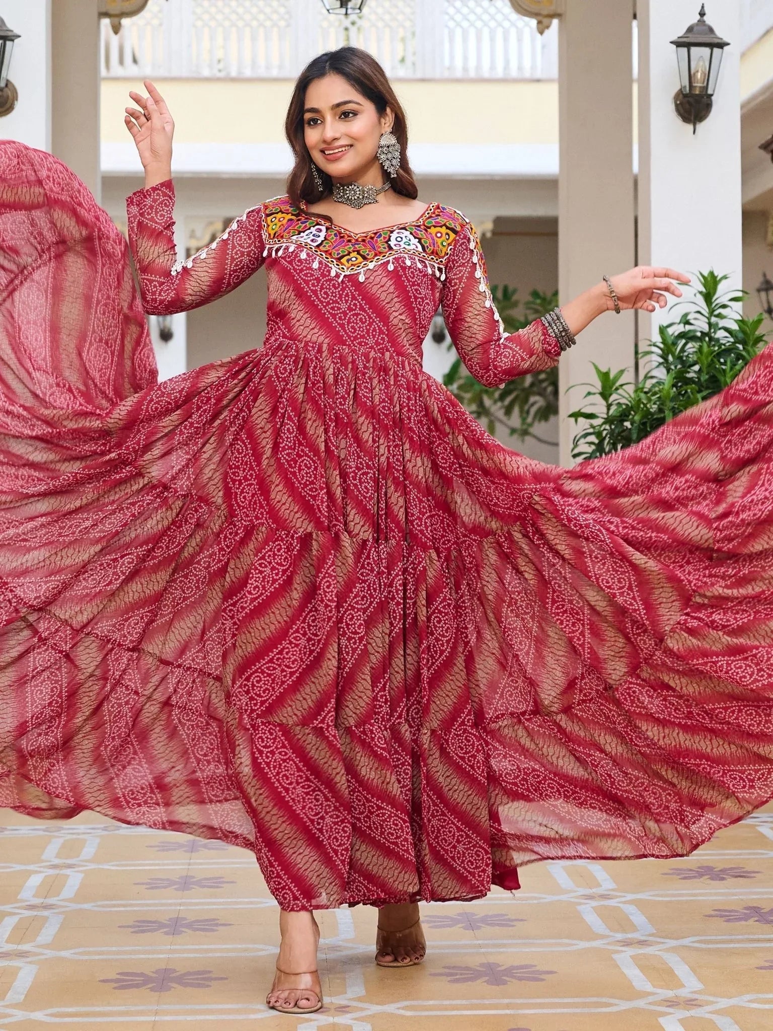 Red georgette Bandhani print mirror Gamthi work gown