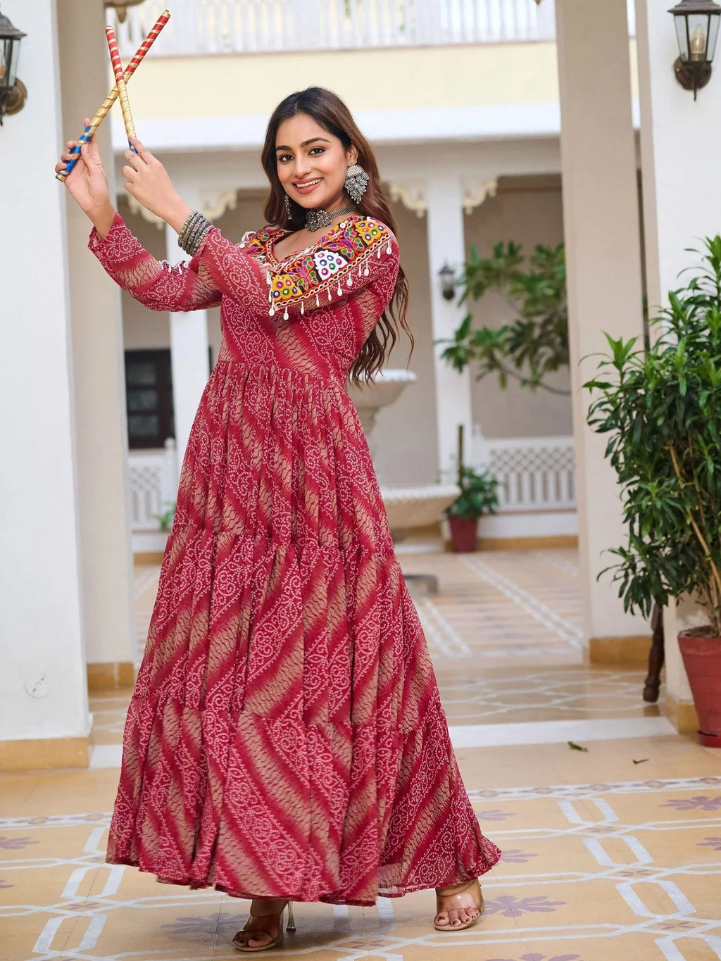 Red georgette Bandhani print mirror Gamthi work gown