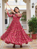 Red georgette Bandhani print mirror Gamthi work gown
