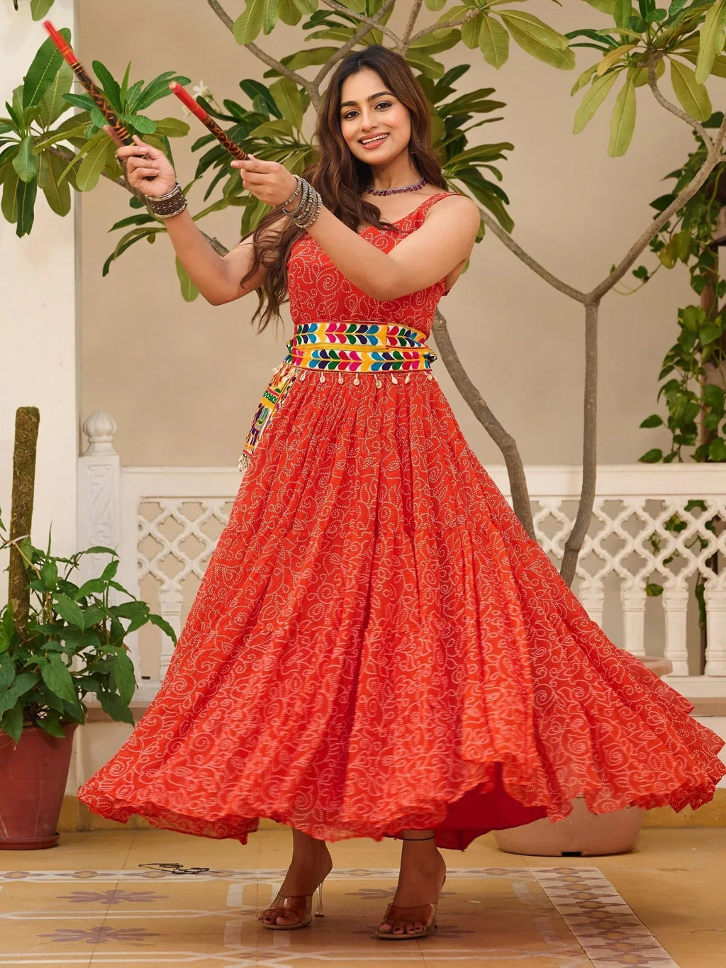 Red festive wear embroidered georgette traditional gown