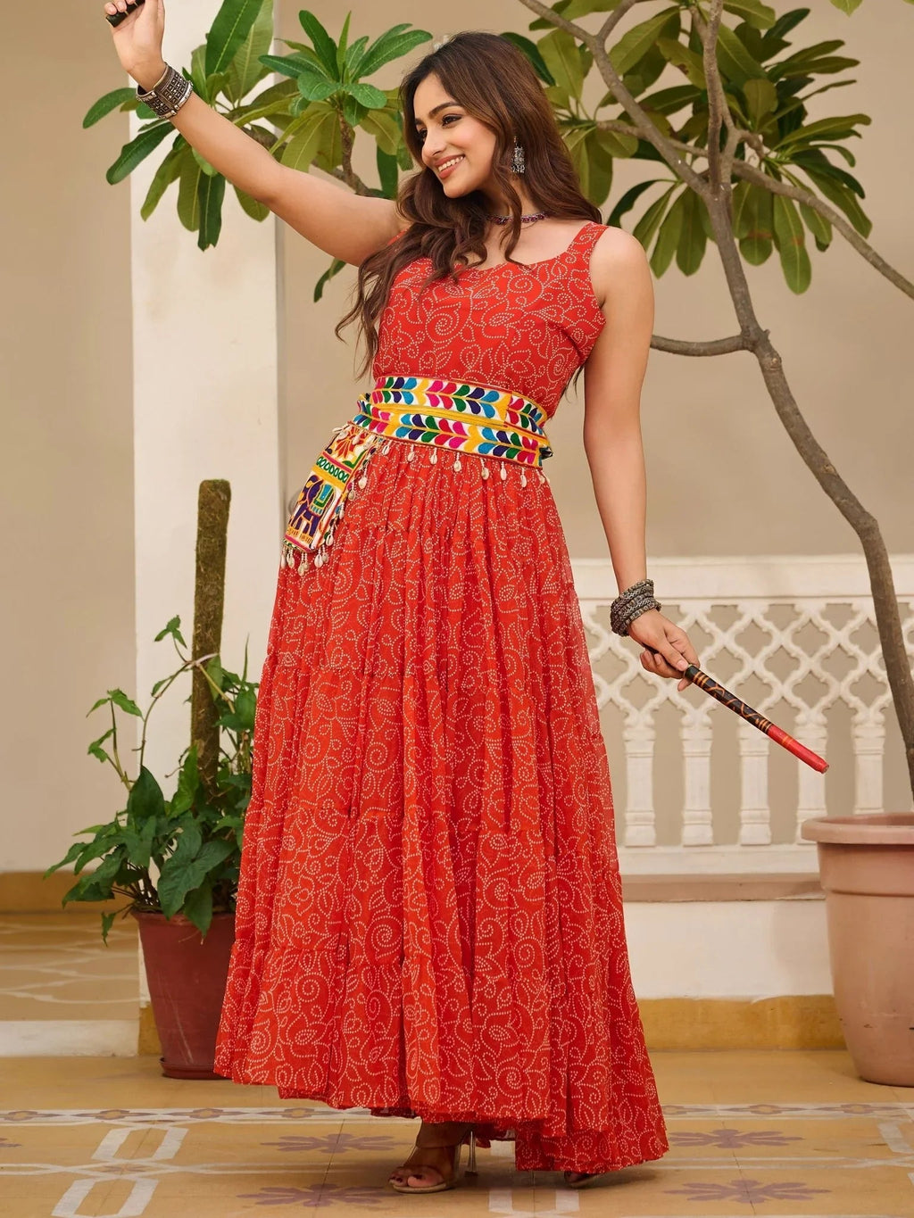 Red festive wear embroidered georgette traditional gown