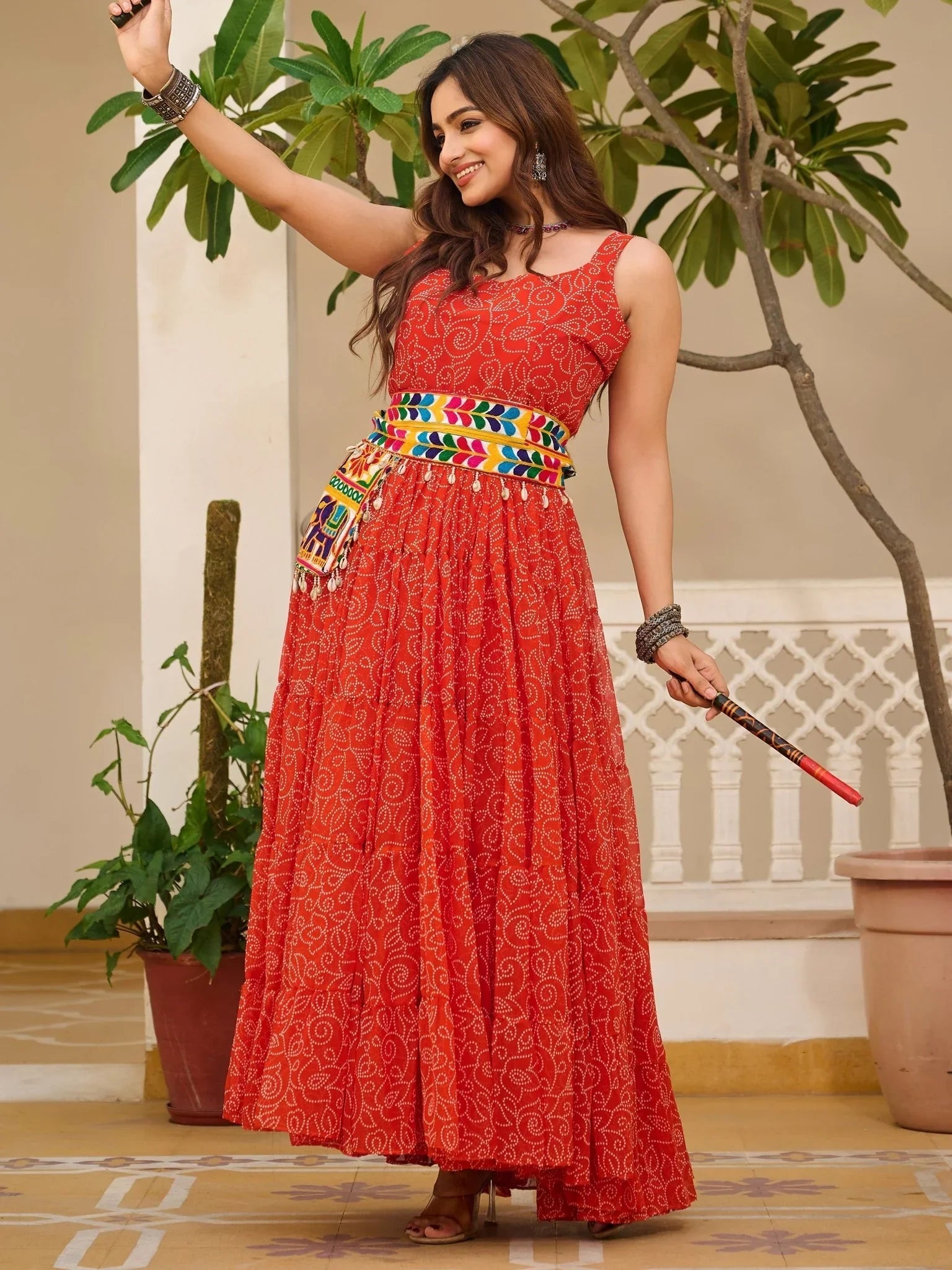 Red festive wear embroidered georgette traditional gown