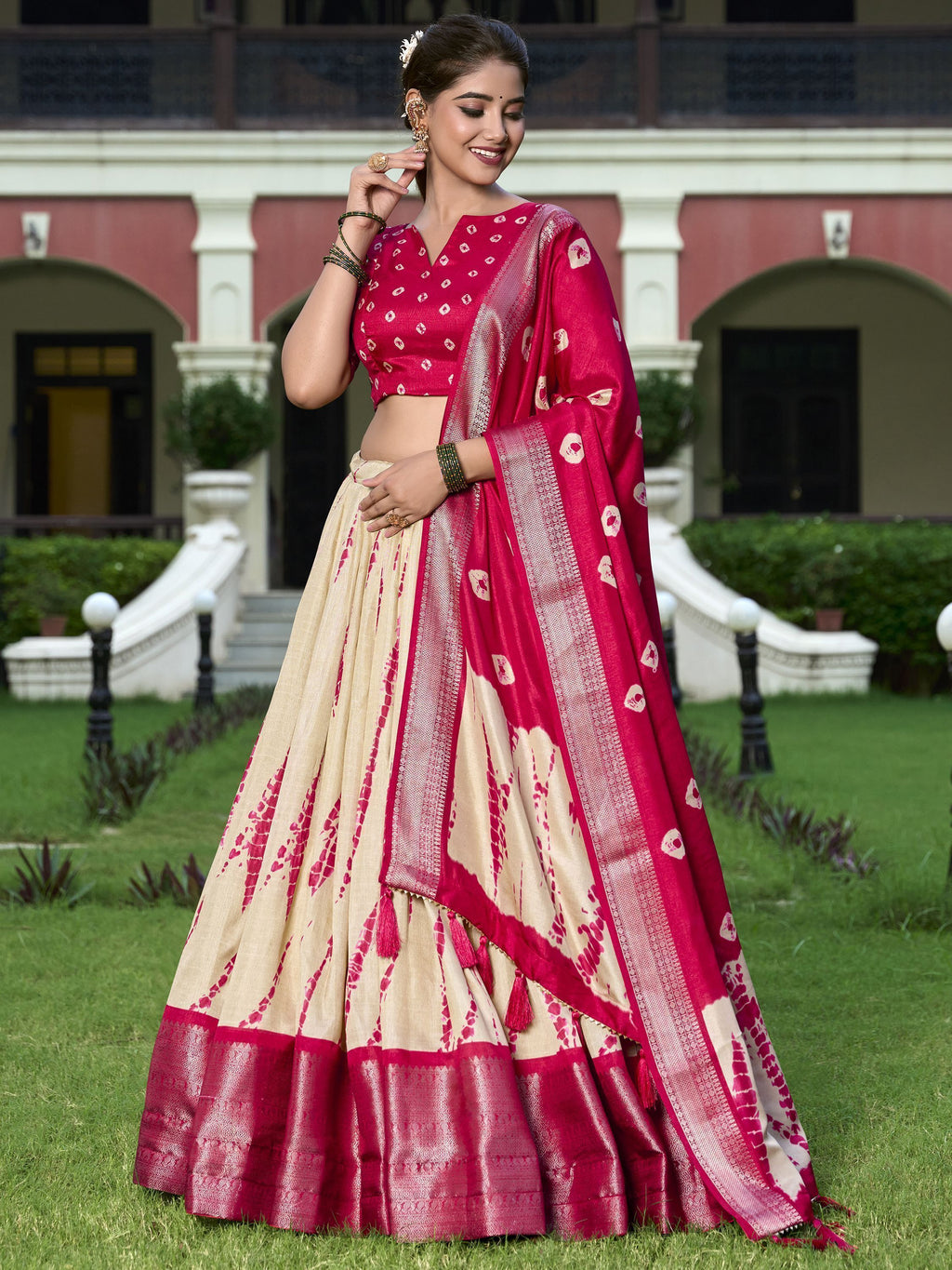 Red Dola silk Shibori print zari weaving lehenga choli with dupatta