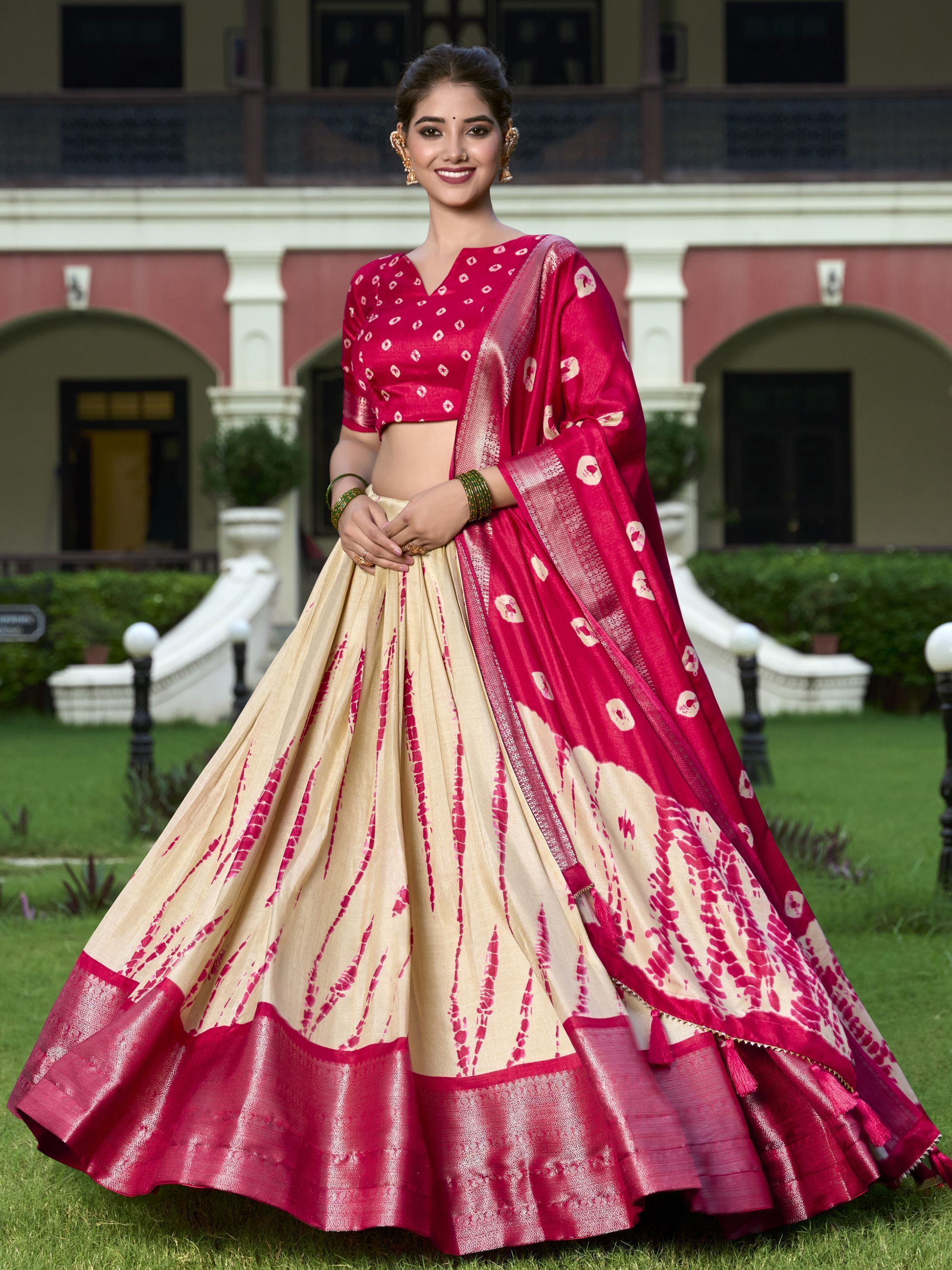 Red Dola silk Shibori print zari weaving lehenga choli with dupatta