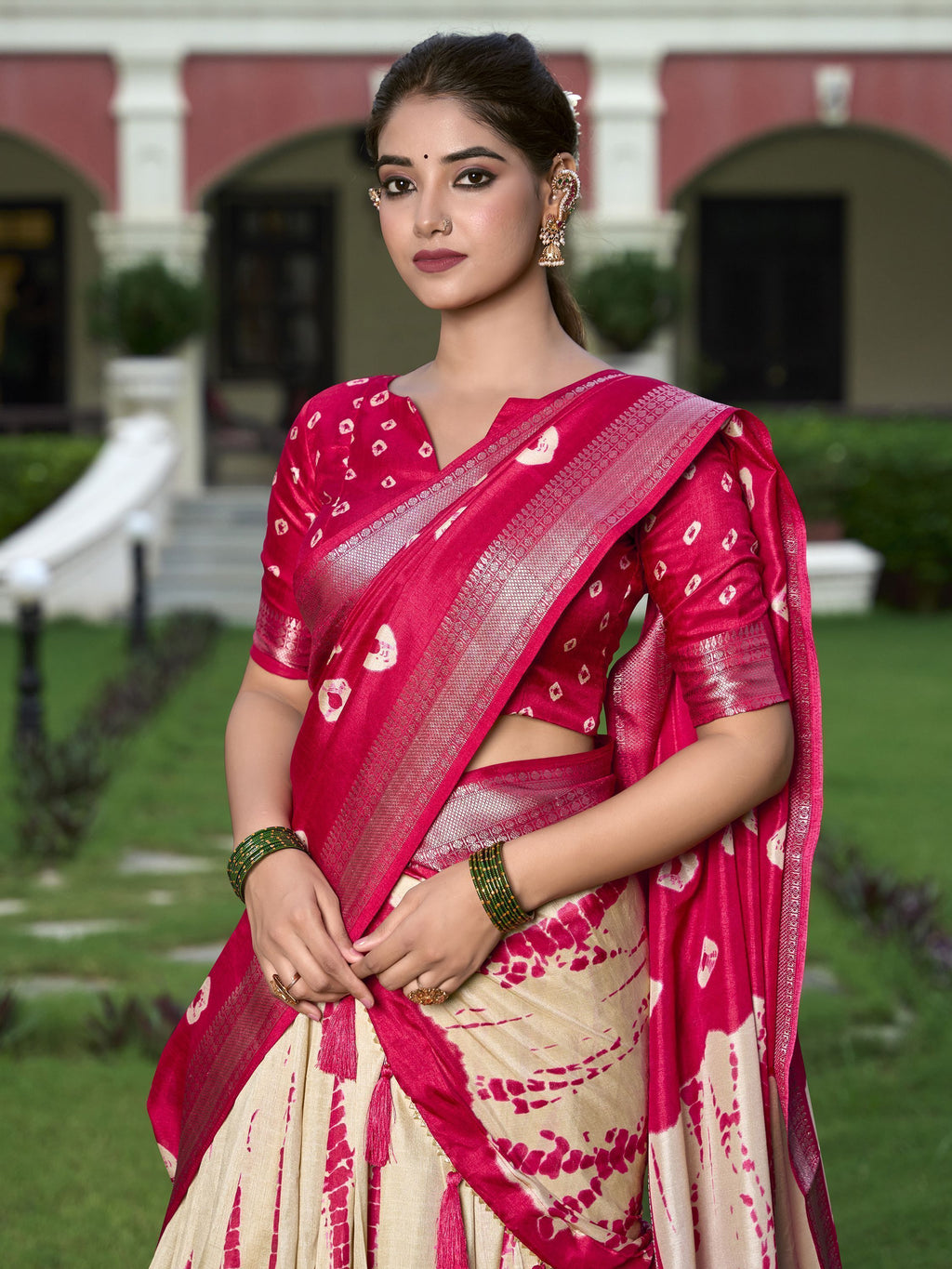 Red Dola silk Shibori print zari weaving lehenga choli with dupatta