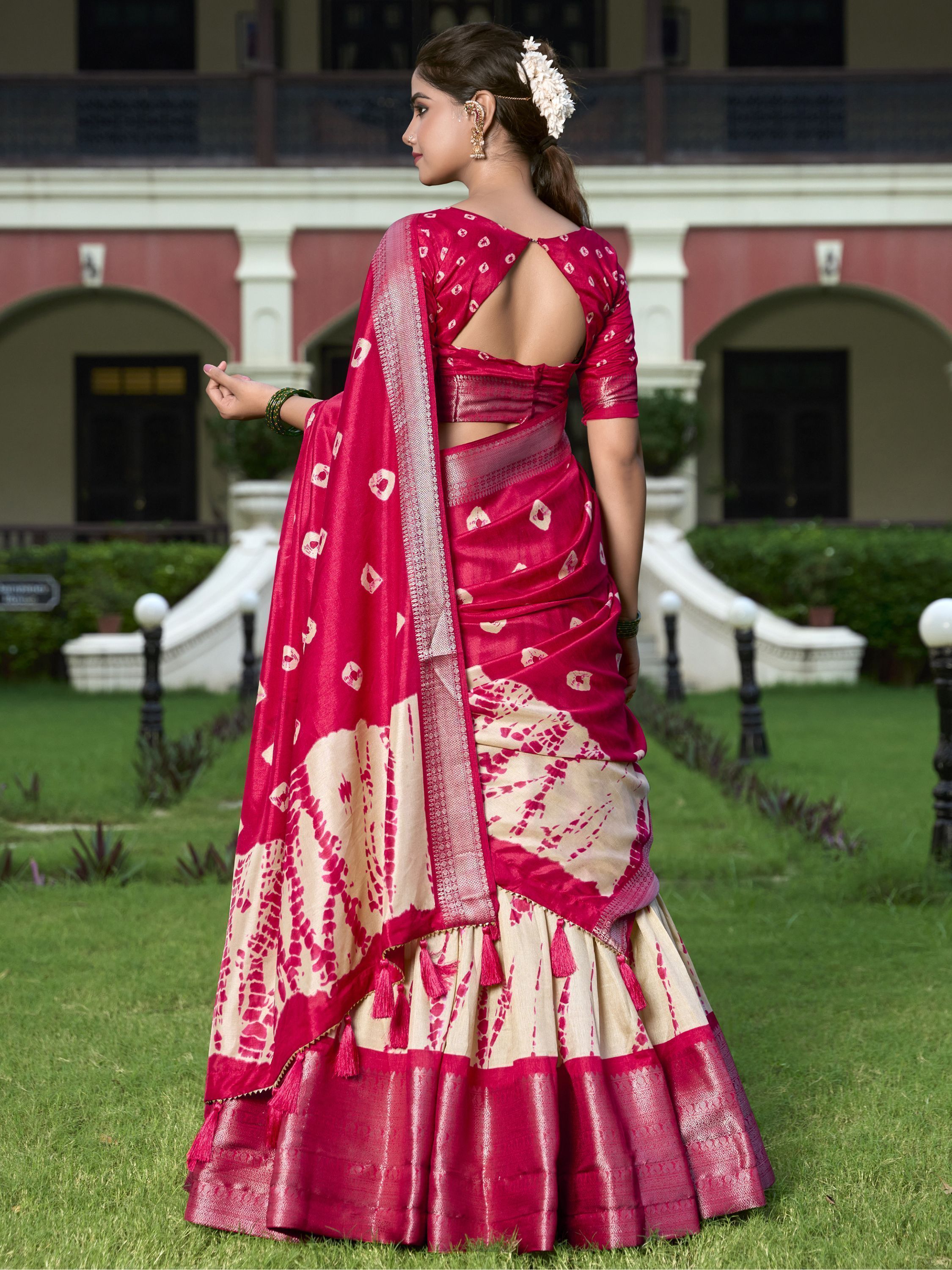 Red Dola silk Shibori print zari weaving lehenga choli with dupatta