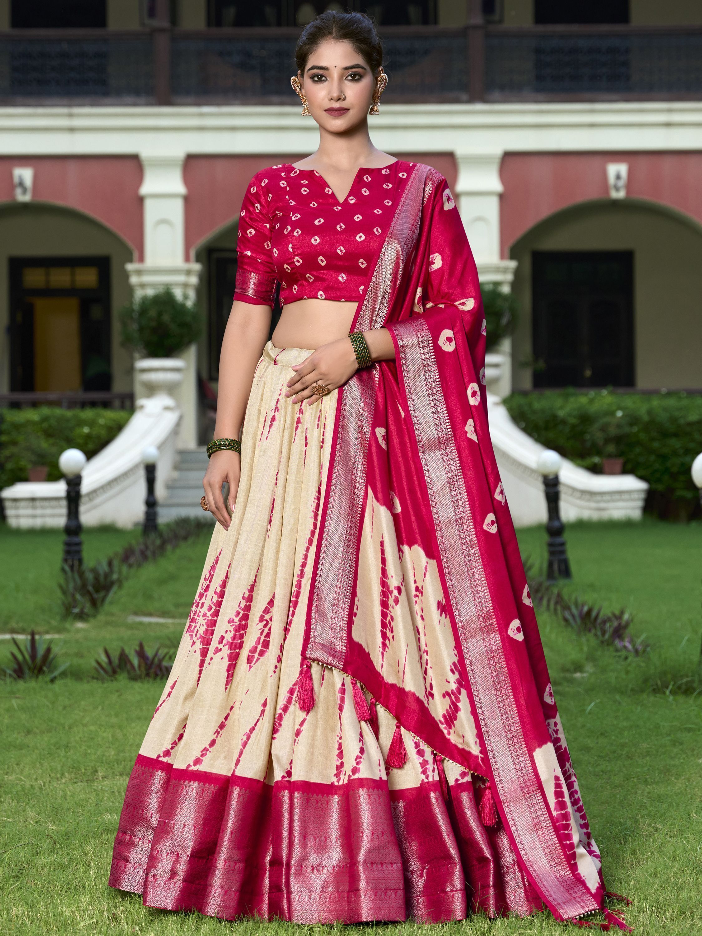 Red Dola silk Shibori print zari weaving lehenga choli with dupatta