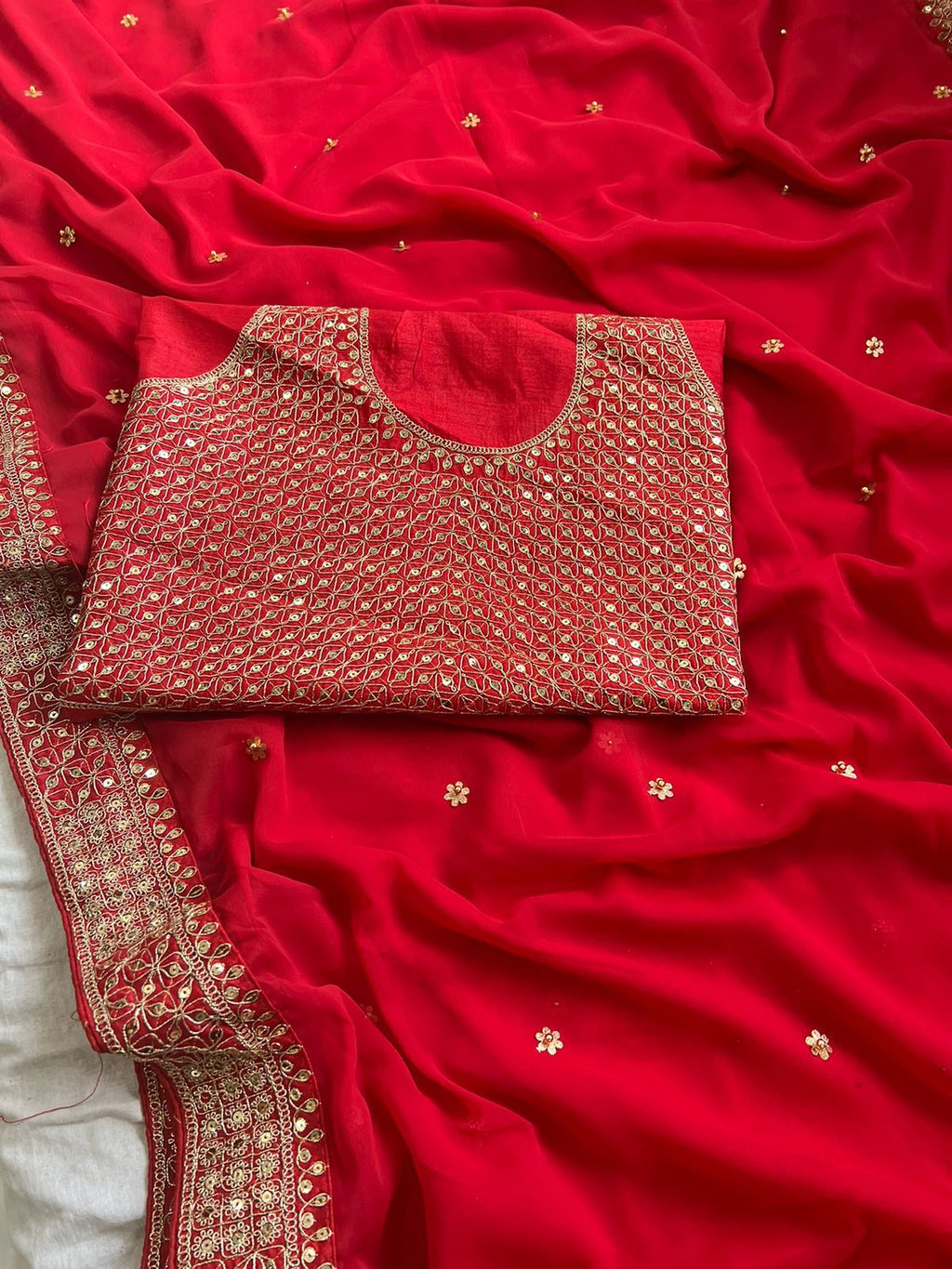 Red Georgette Saree in Sequin & Lace Elegance