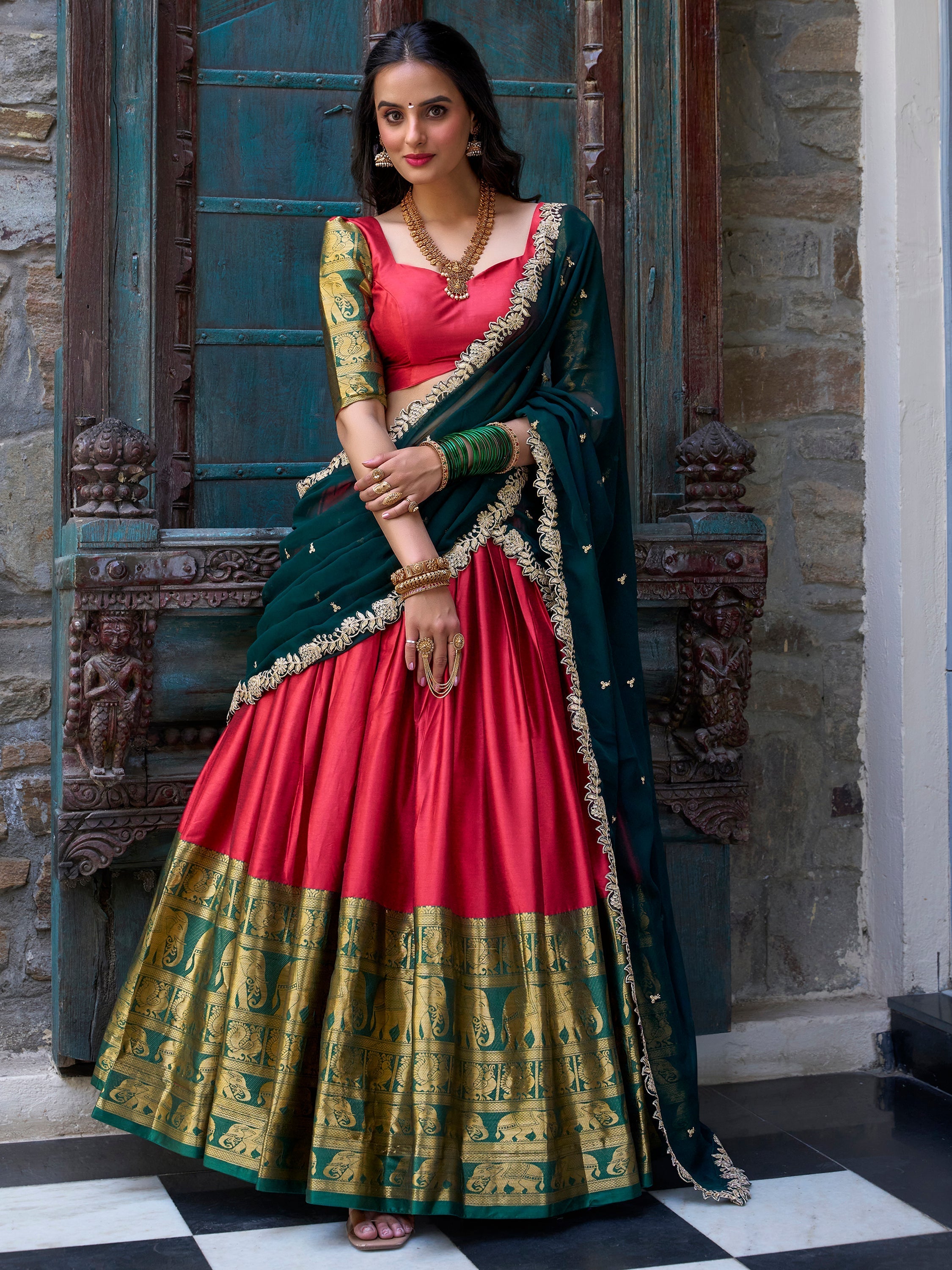 Red Narayan Pattu silk zari weaving lehenga choli with dupatta