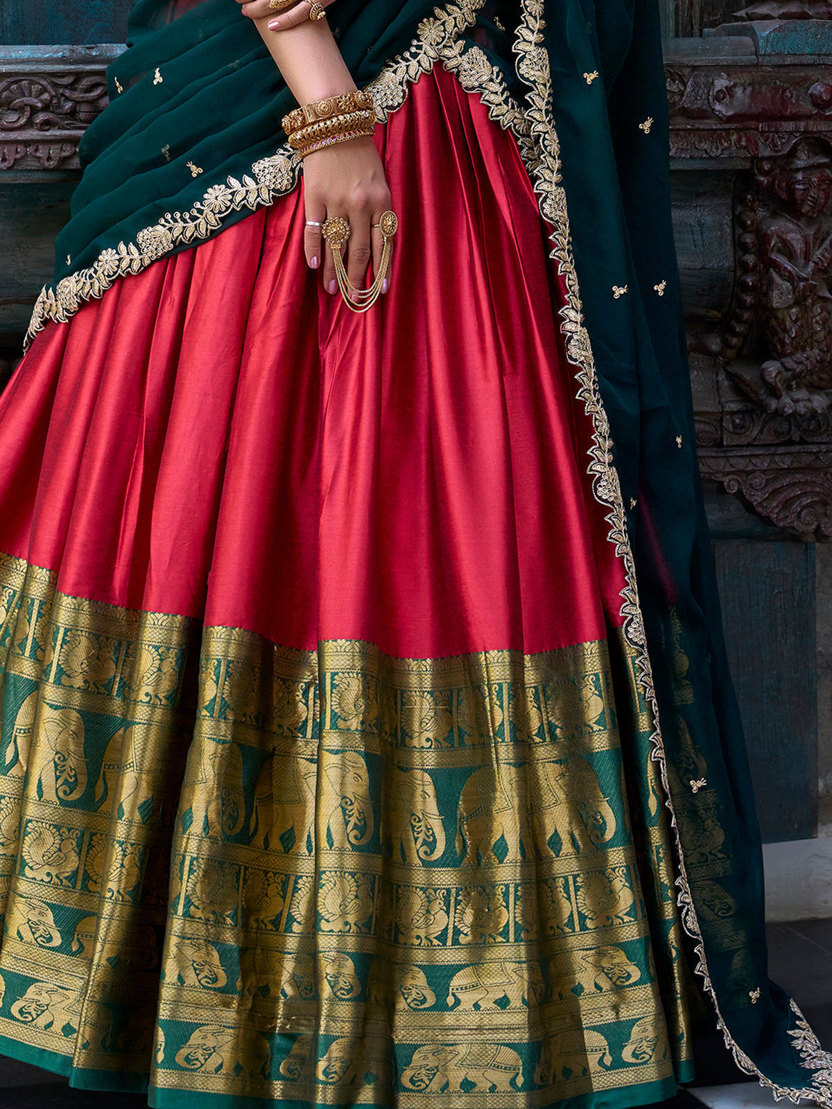 Red Narayan Pattu silk zari weaving lehenga choli with dupatta