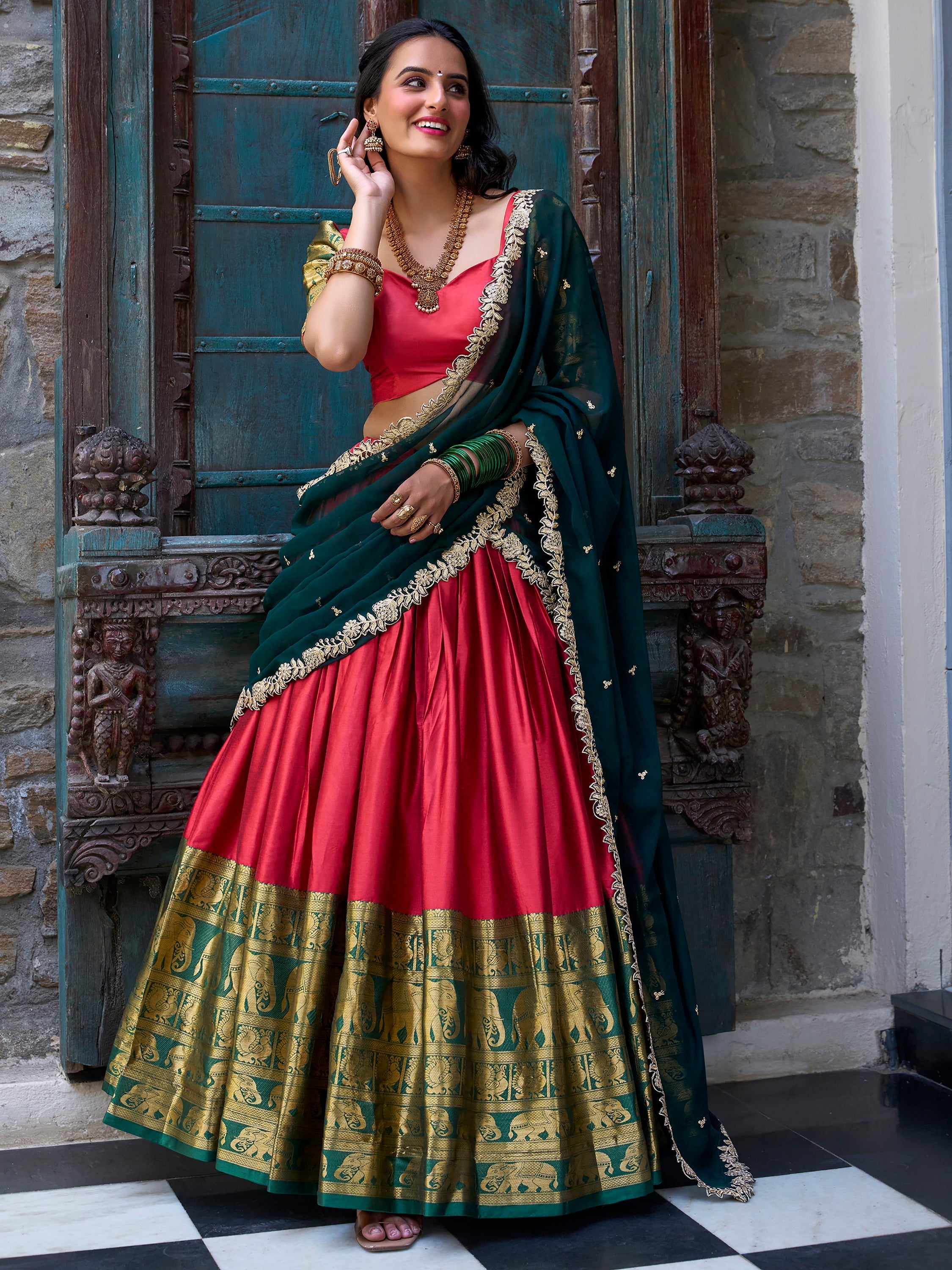 Red Narayan Pattu silk zari weaving lehenga choli with dupatta