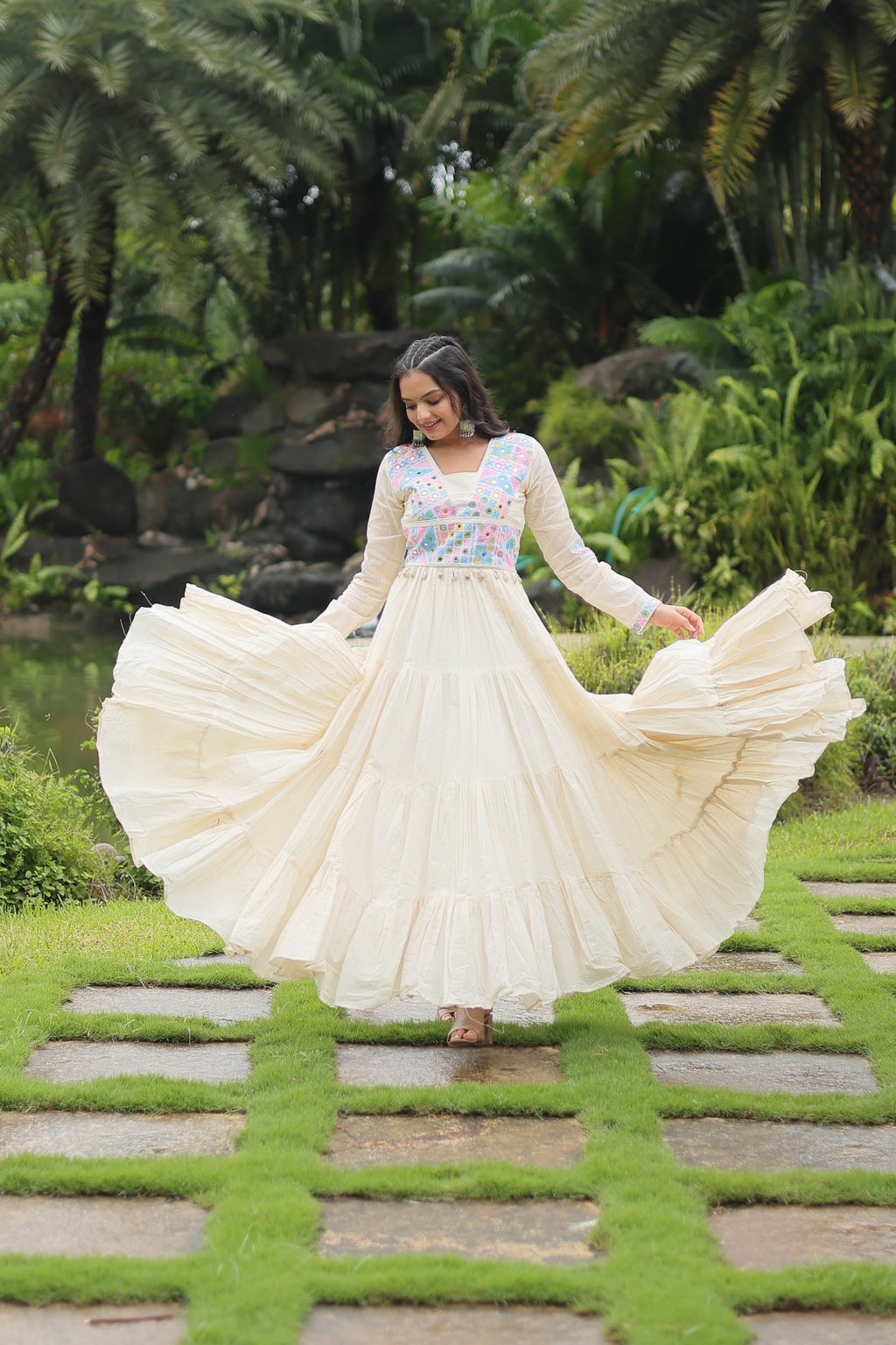 Reeva white pure cotton embroidered Anarkali gown