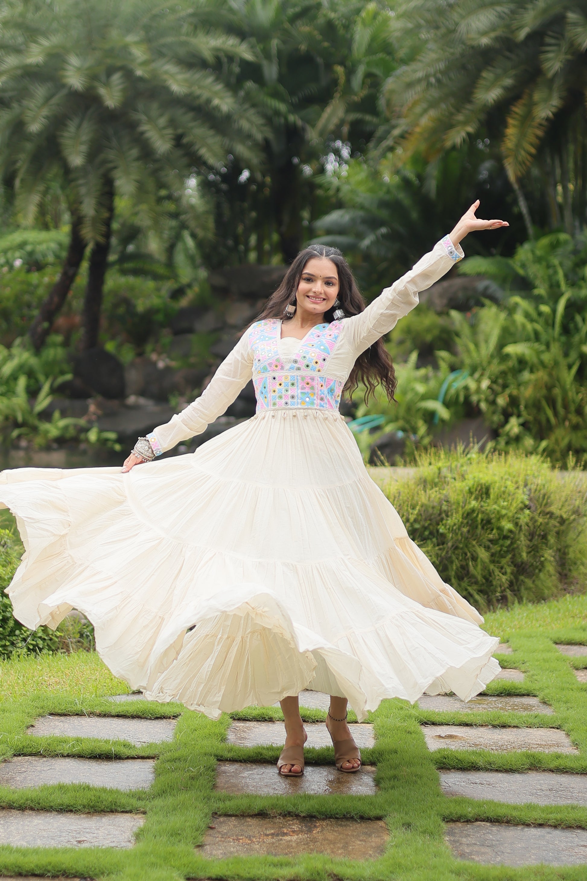 Reeva white pure cotton embroidered Anarkali gown