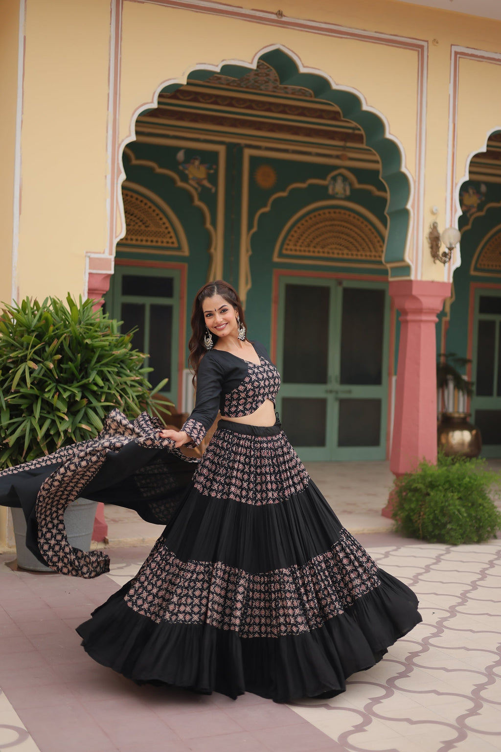 Black printed rayon Reya Navratri lehenga choli set