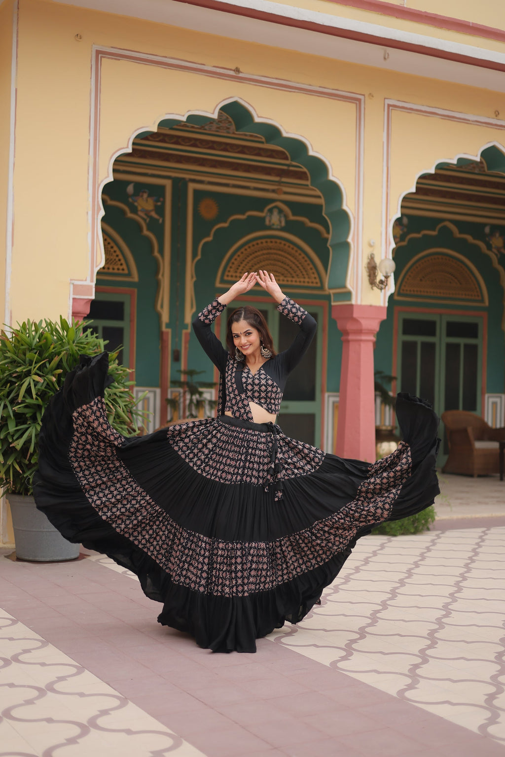 Black printed rayon Reya Navratri lehenga choli set
