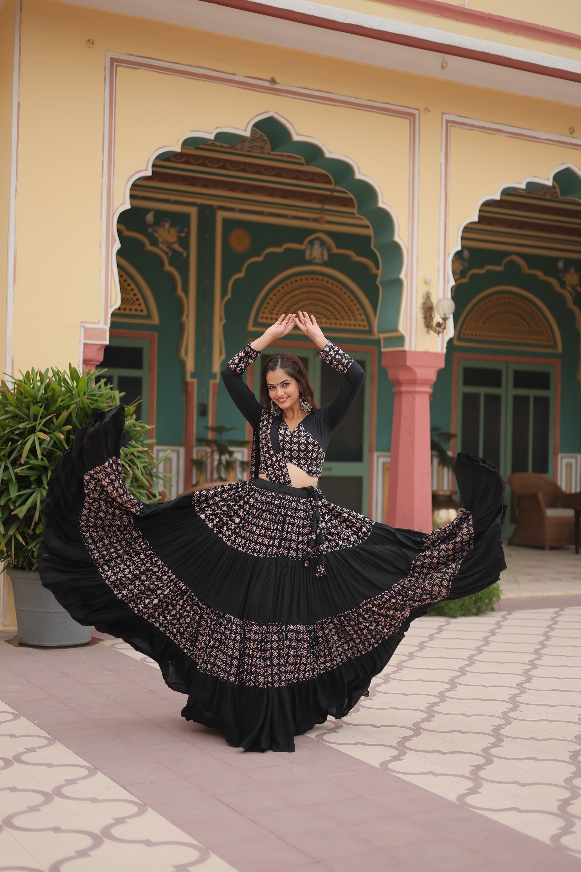Black printed rayon Reya Navratri lehenga choli set