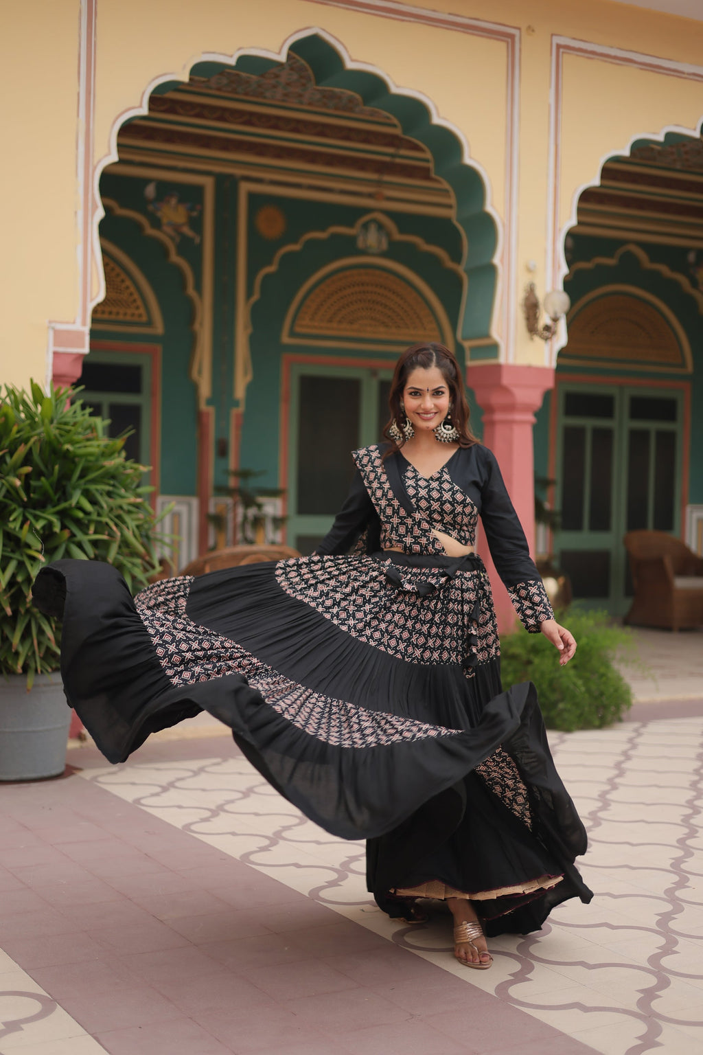 Black printed rayon Reya Navratri lehenga choli set