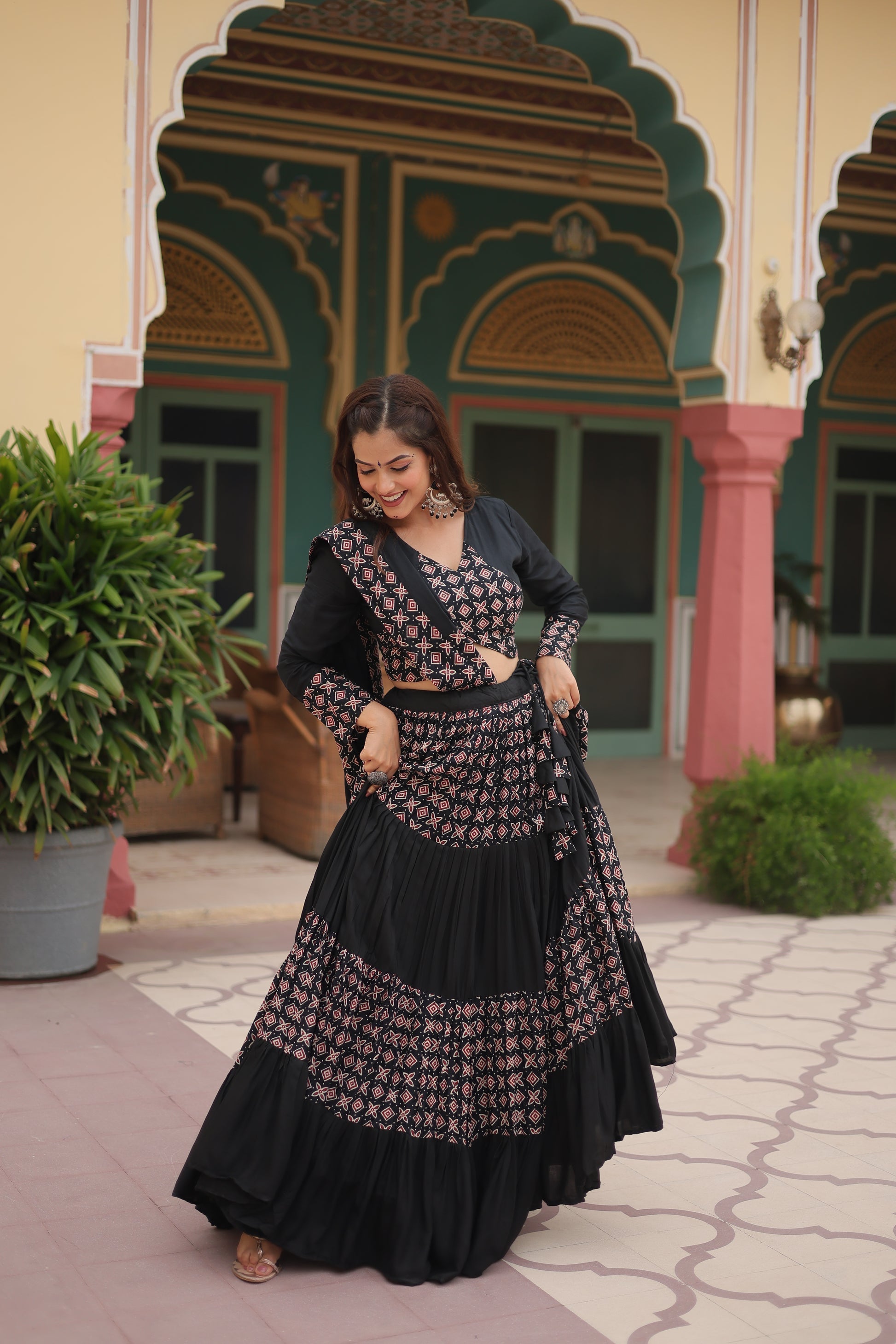 Black printed rayon Reya Navratri lehenga choli set
