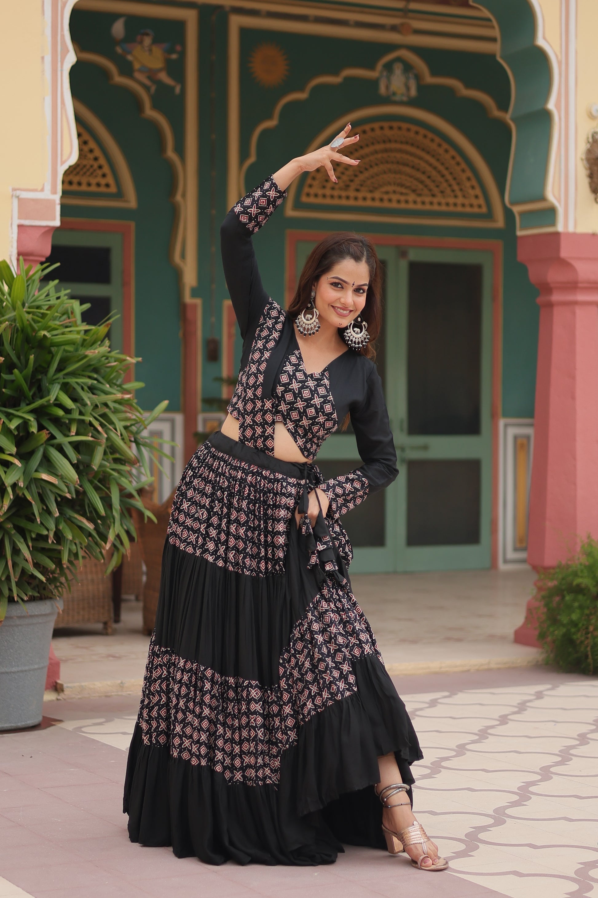 Black printed rayon Reya Navratri lehenga choli set