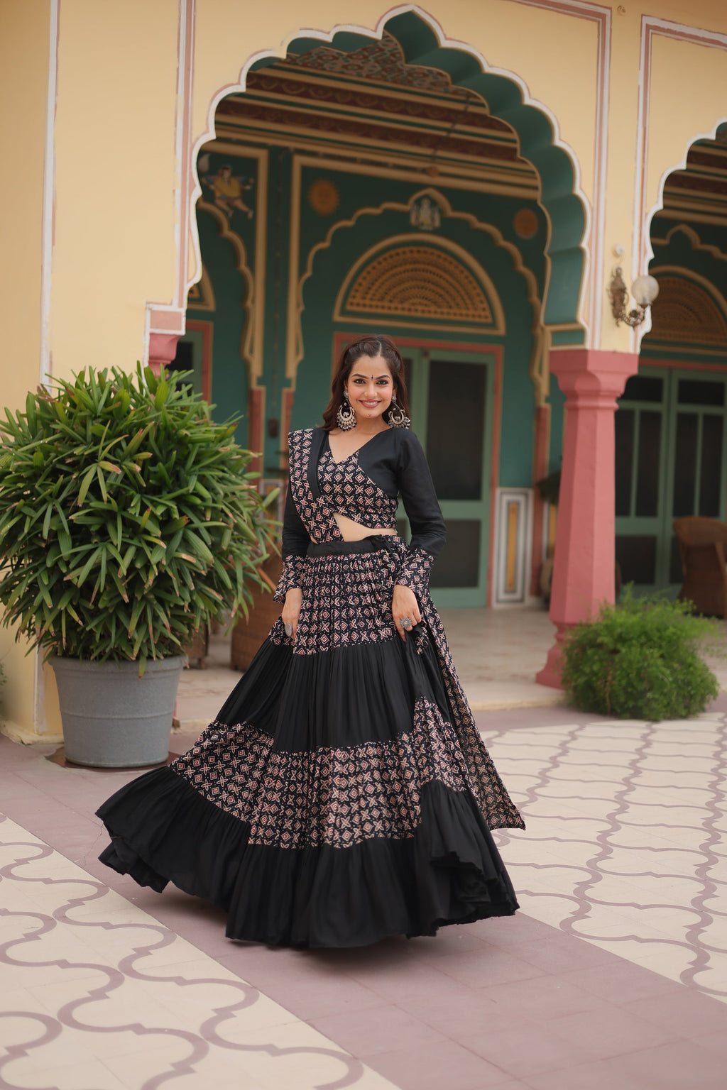 Black printed rayon Reya Navratri lehenga choli set