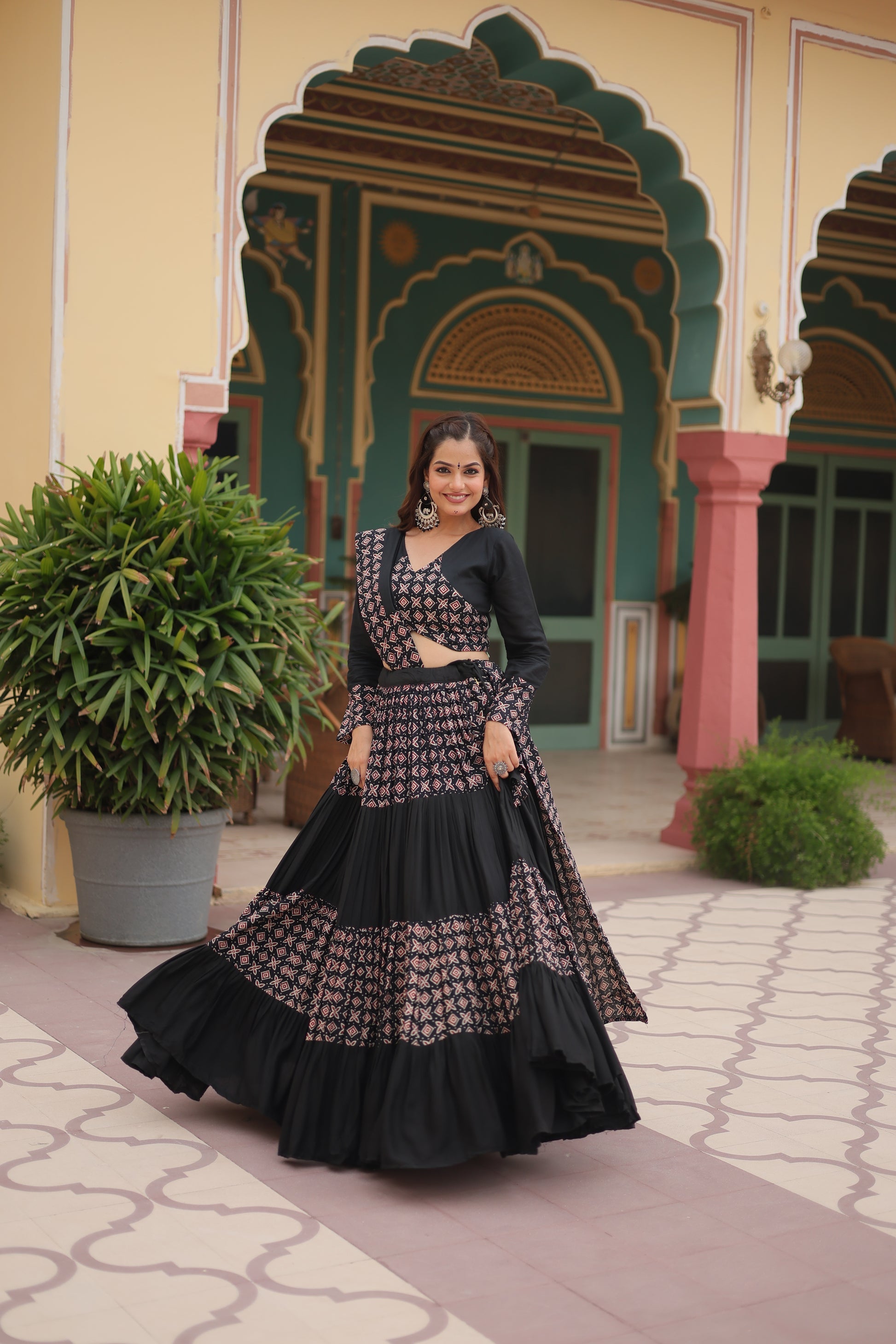 Black printed rayon Reya Navratri lehenga choli set