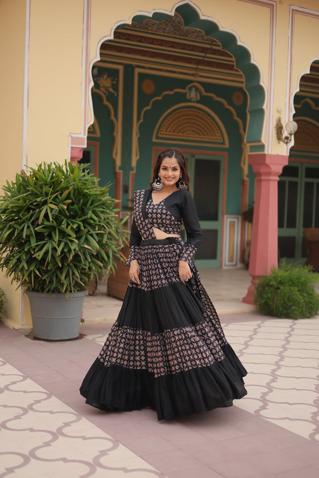 Black printed rayon Reya Navratri lehenga choli set