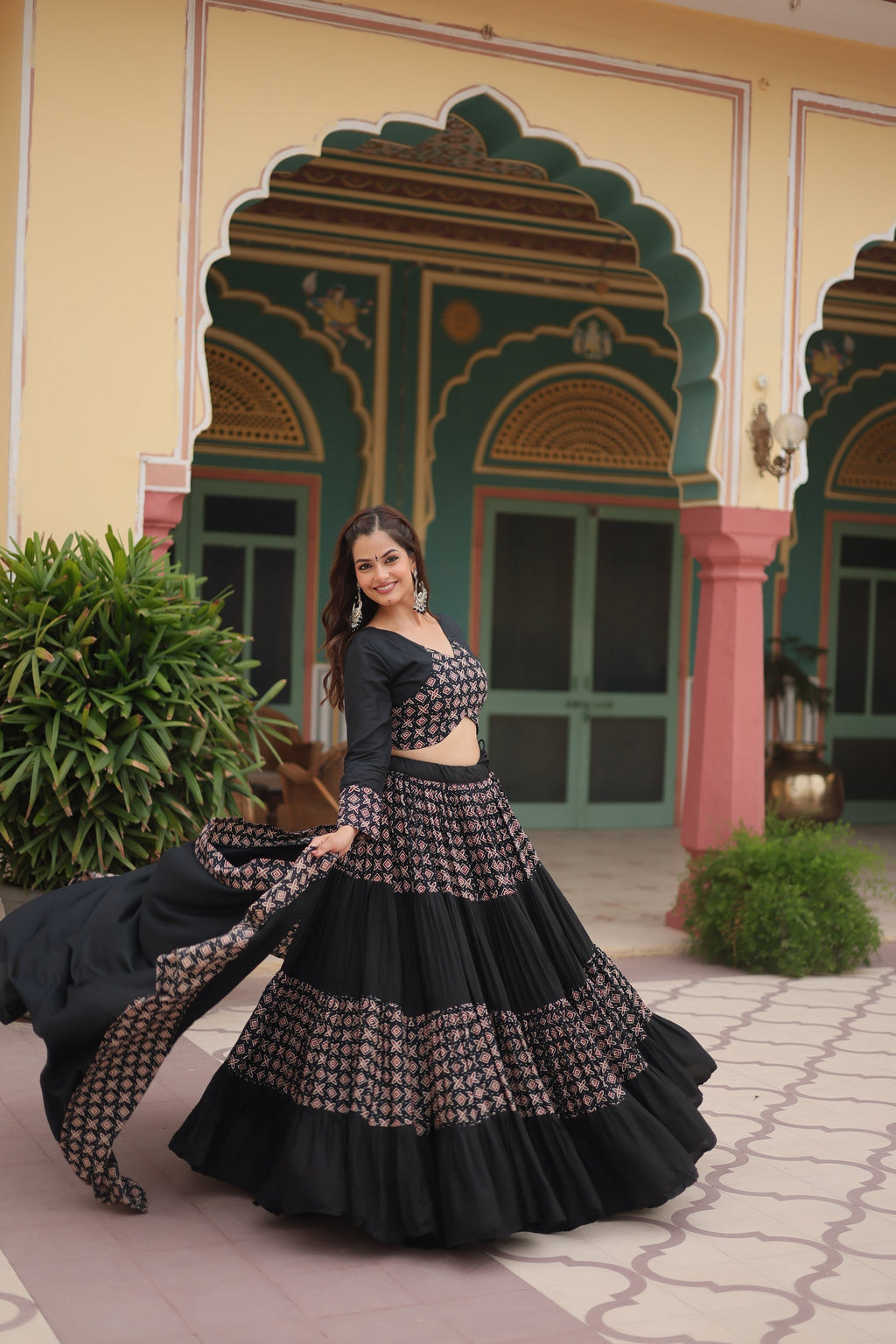 Black printed rayon Reya Navratri lehenga choli set