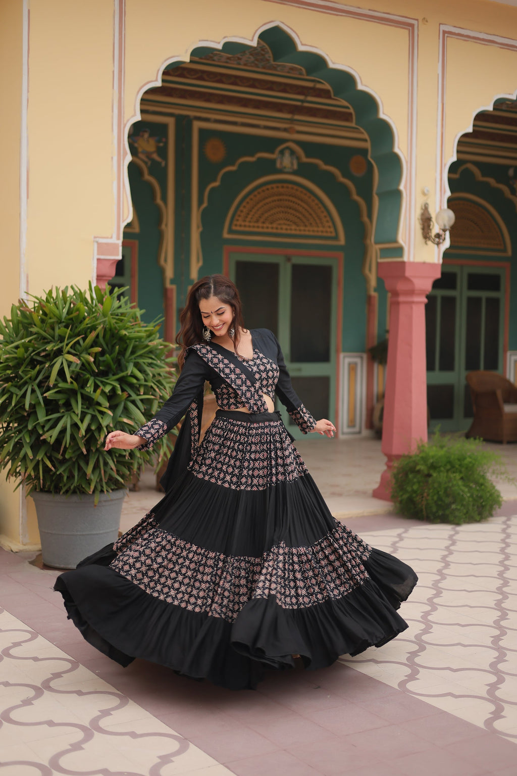 Black printed rayon Reya Navratri lehenga choli set