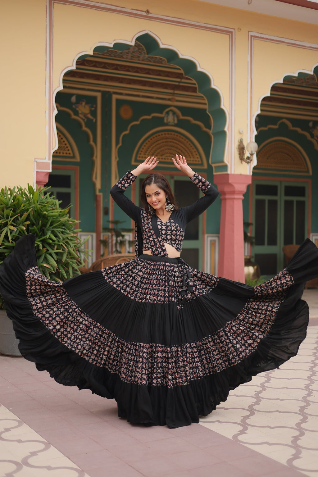 Black printed rayon Reya Navratri lehenga choli set