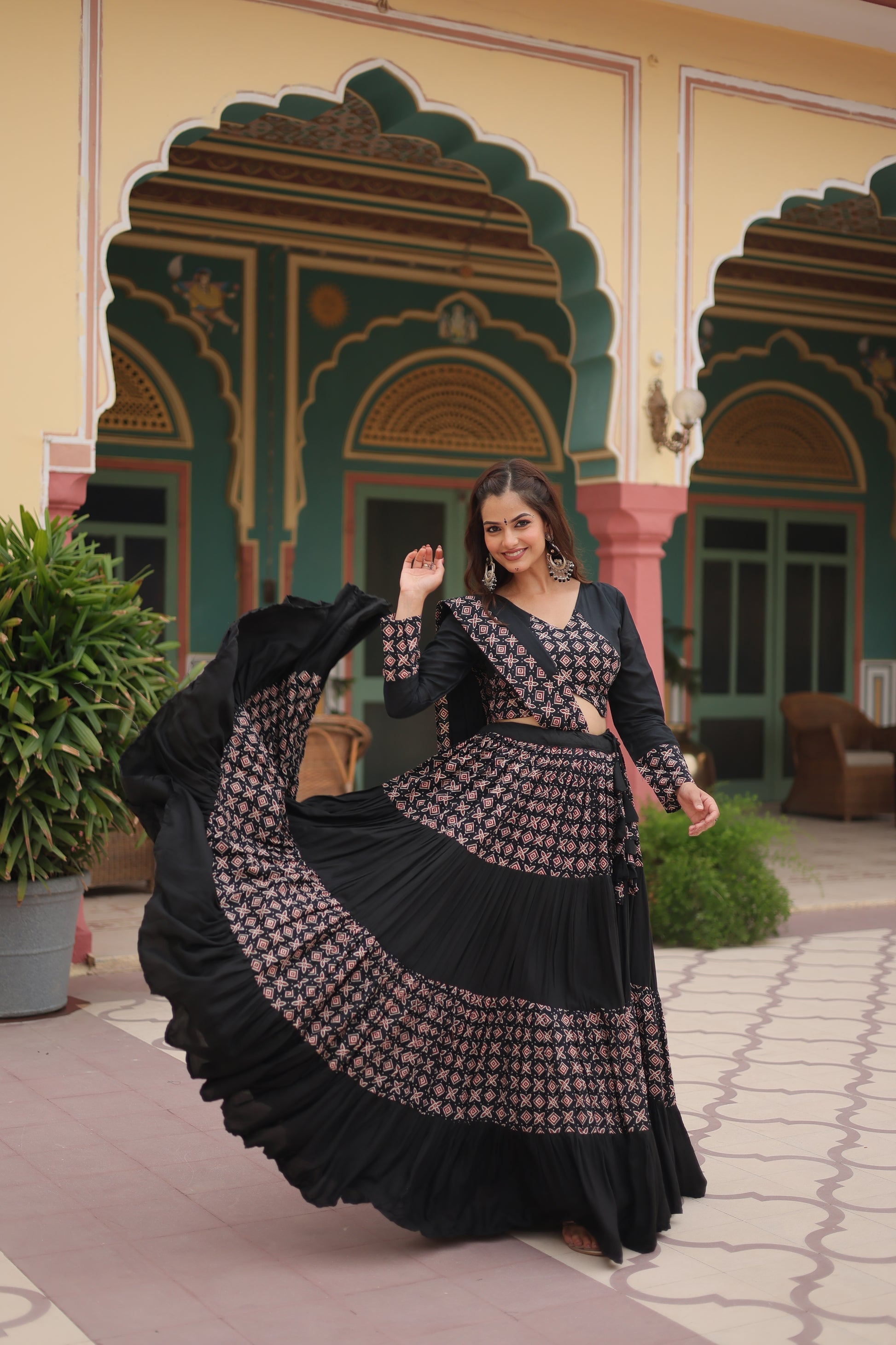 Black printed rayon Reya Navratri lehenga choli set