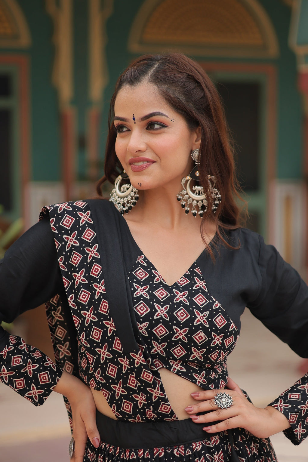 Black printed rayon Reya Navratri lehenga choli set