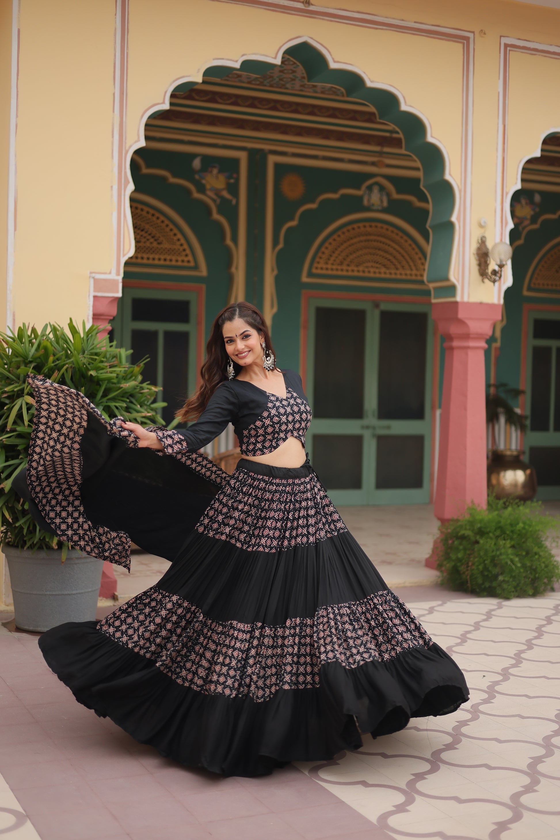 Black printed rayon Reya Navratri lehenga choli set