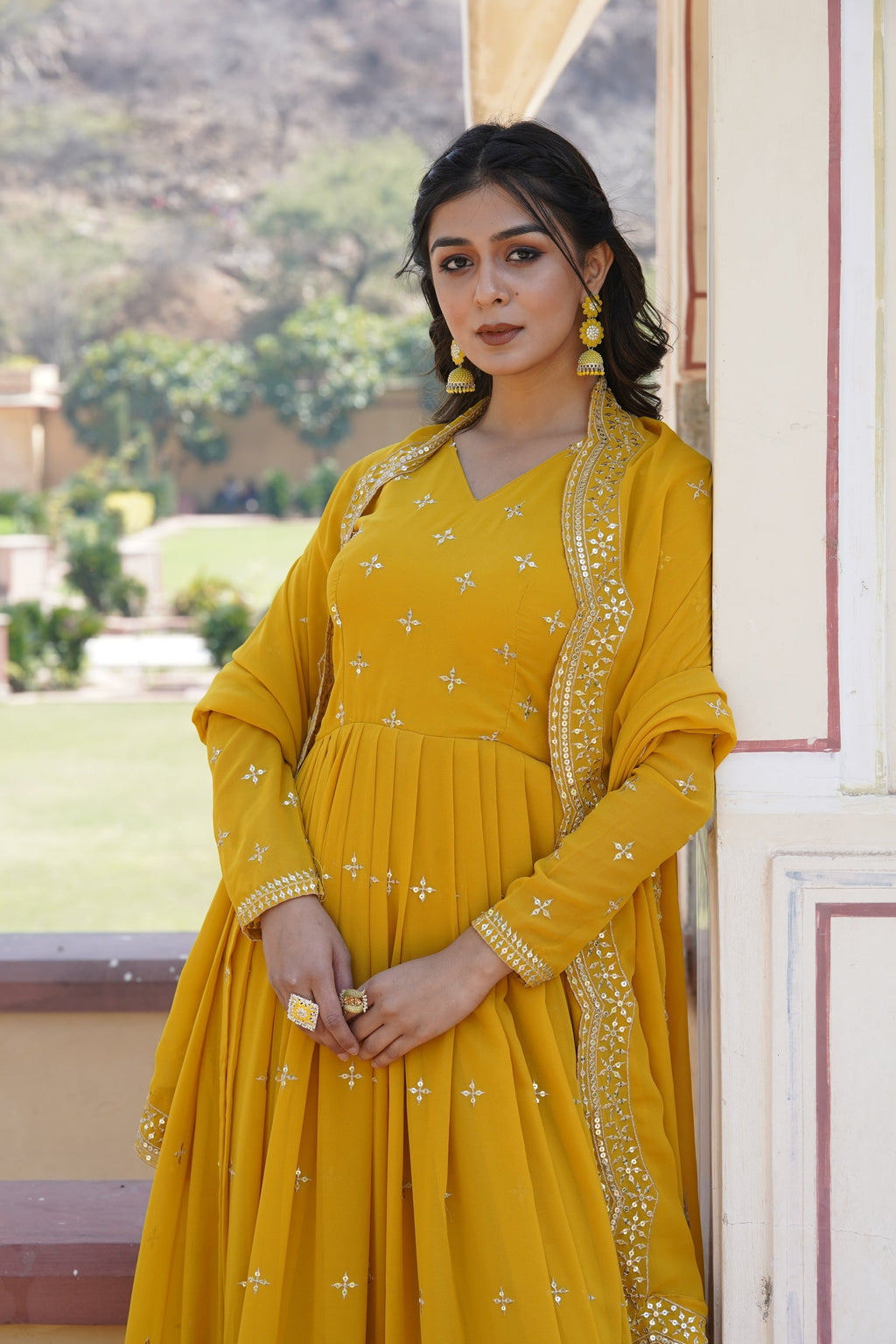 Rithanya yellow georgette embroidered anarkali gown set