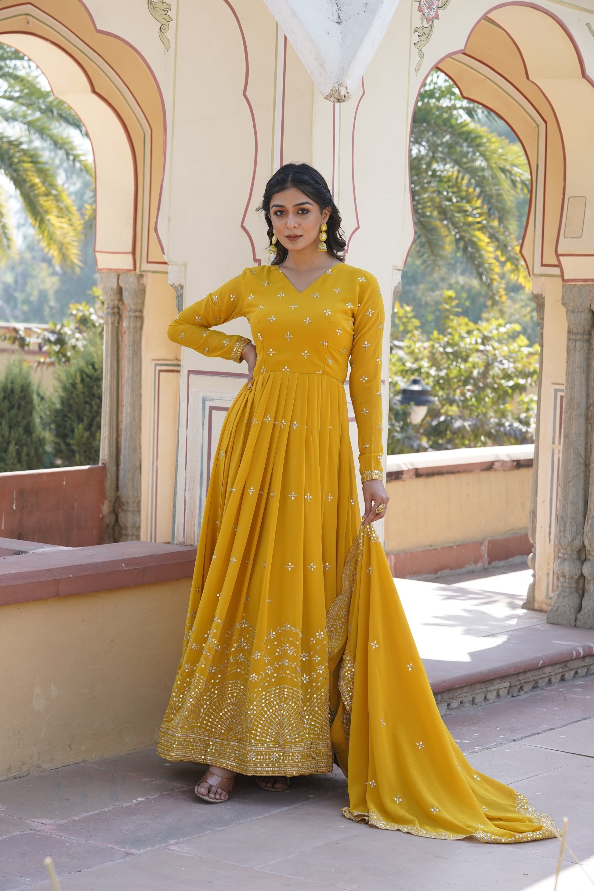 Rithanya yellow georgette embroidered anarkali gown set