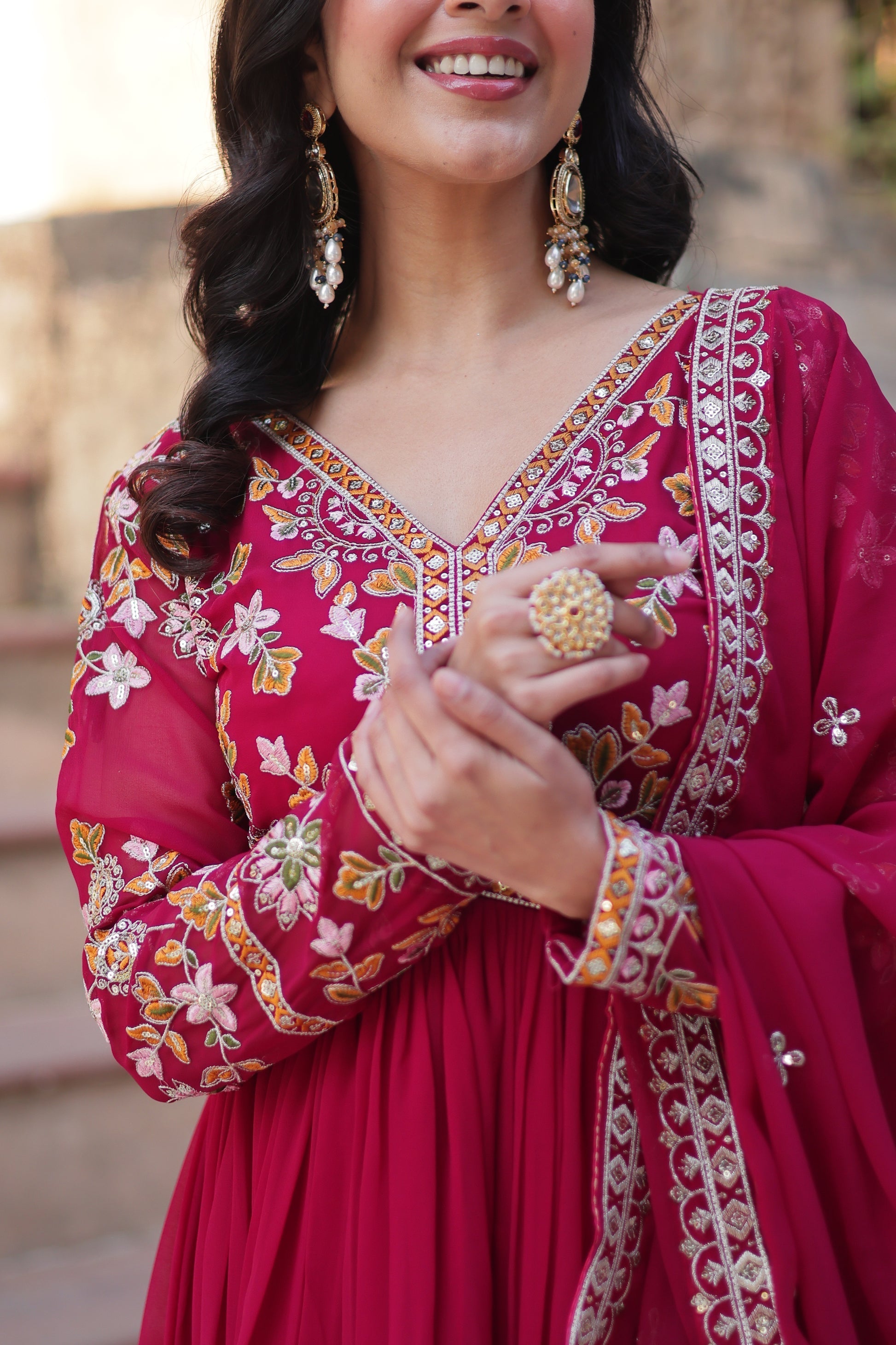 Ruhika pink festive wear embroidered Alia cut Anarkali suit
