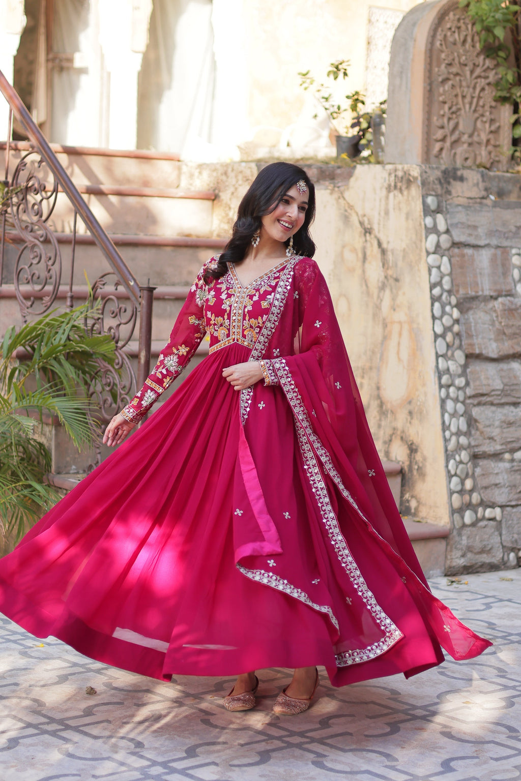 Ruhika pink festive wear embroidered Alia cut Anarkali suit
