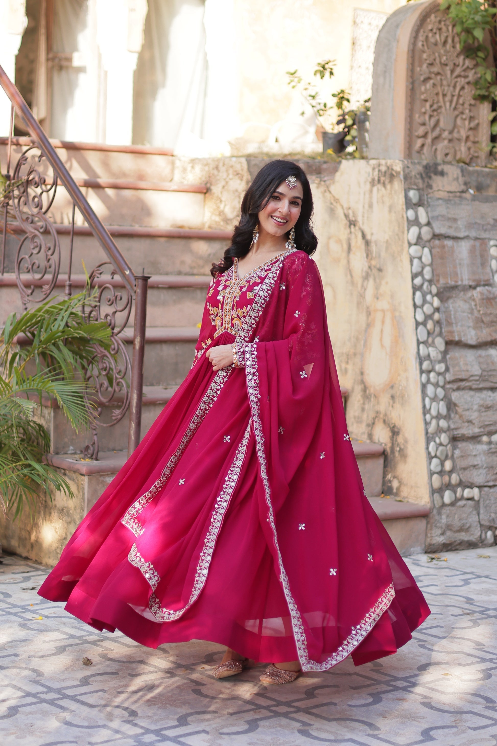 Ruhika pink festive wear embroidered Alia cut Anarkali suit